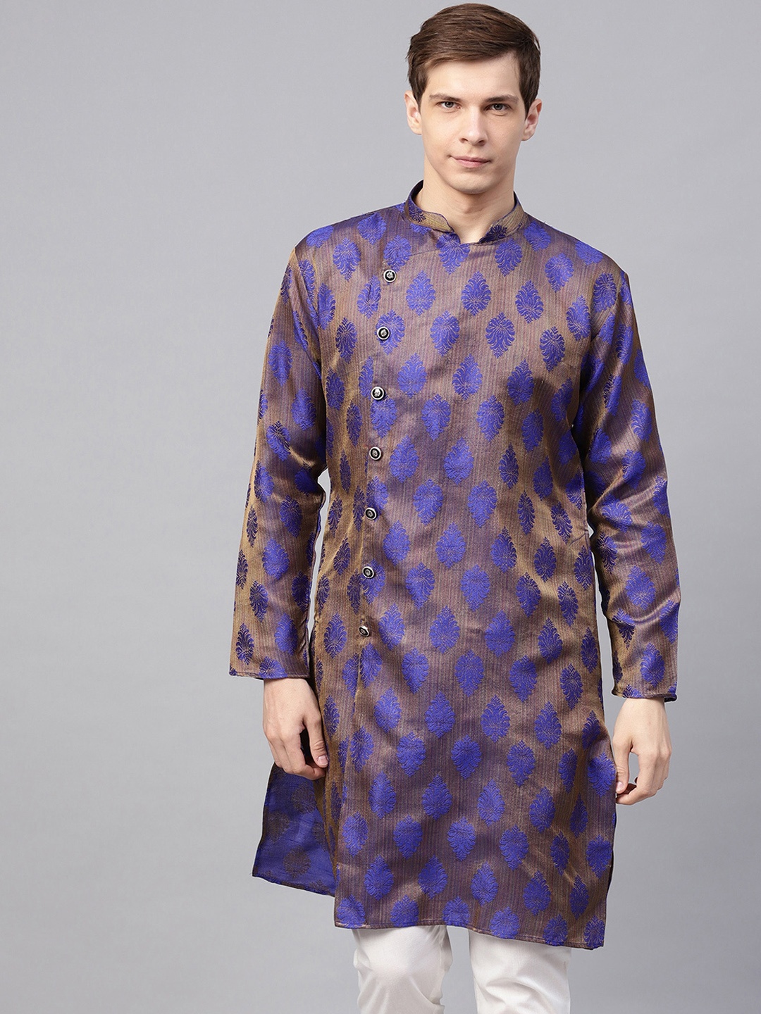

SOJANYA Men Bronze-Toned & Blue Woven Design Jacquard Silk Straight Kurta