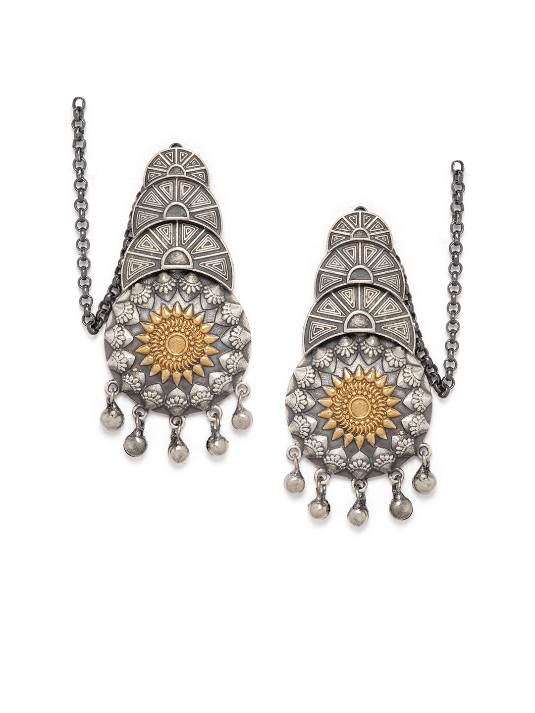 

Rubans Silver-Plated & Gold-Toned Geometric Oxidised Drop Earrings