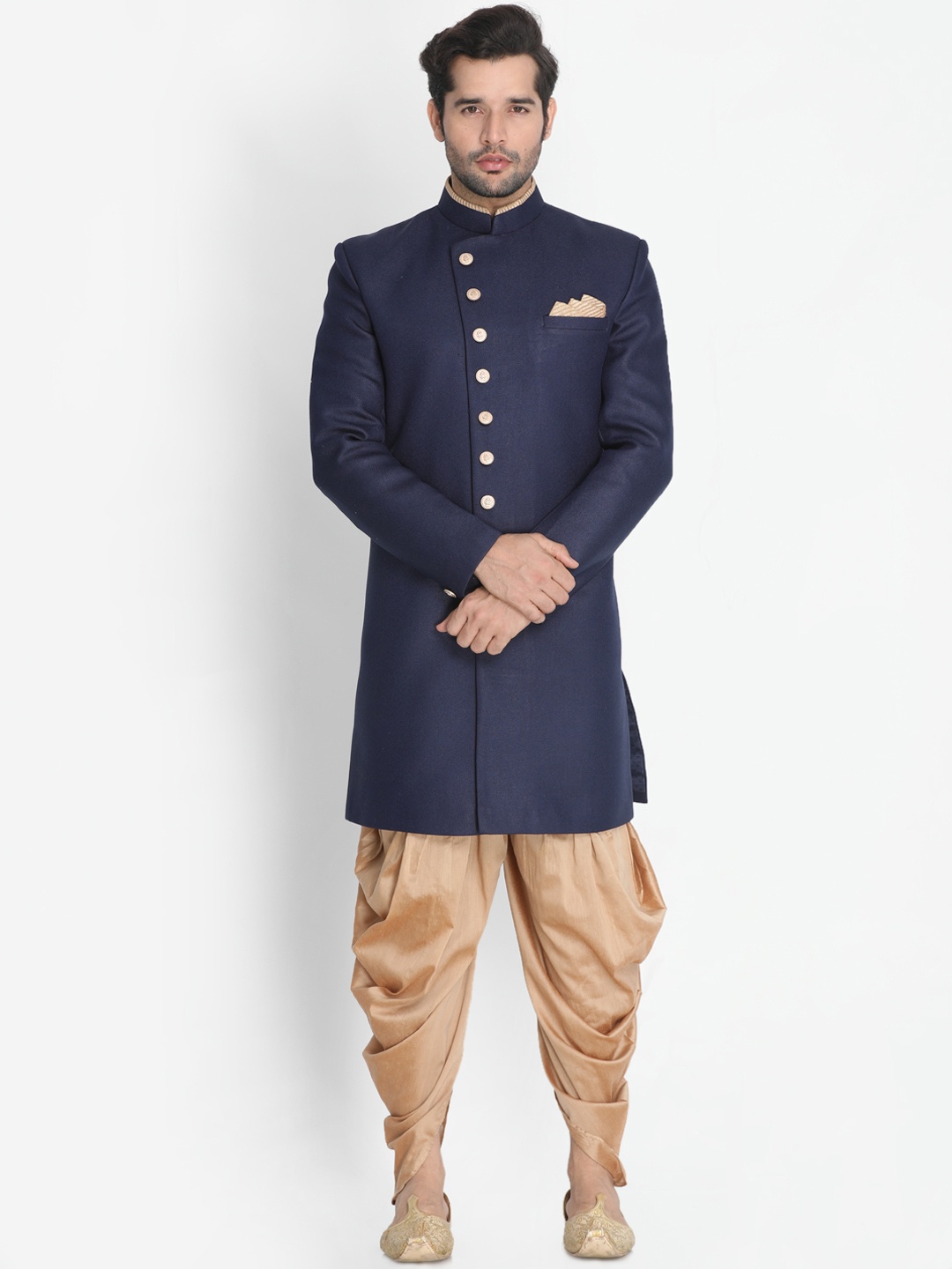 VASTRAMAY Men Navy Blue & Gold-Toned Sherwani Set
