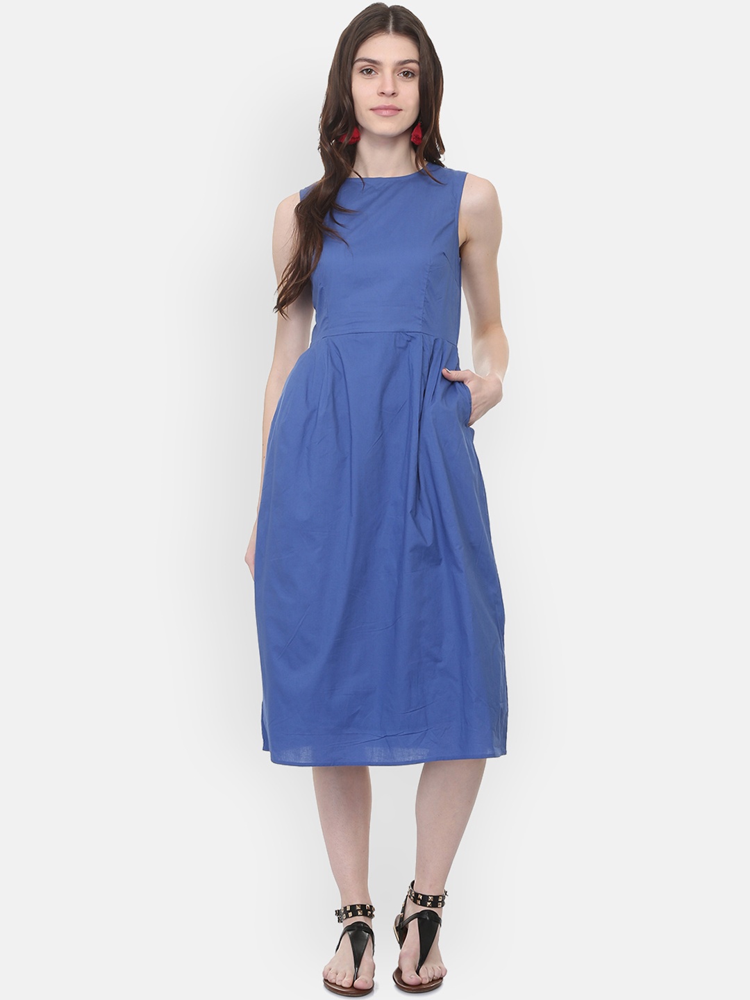 

People Women Solid Blue Fit and Flare Dress