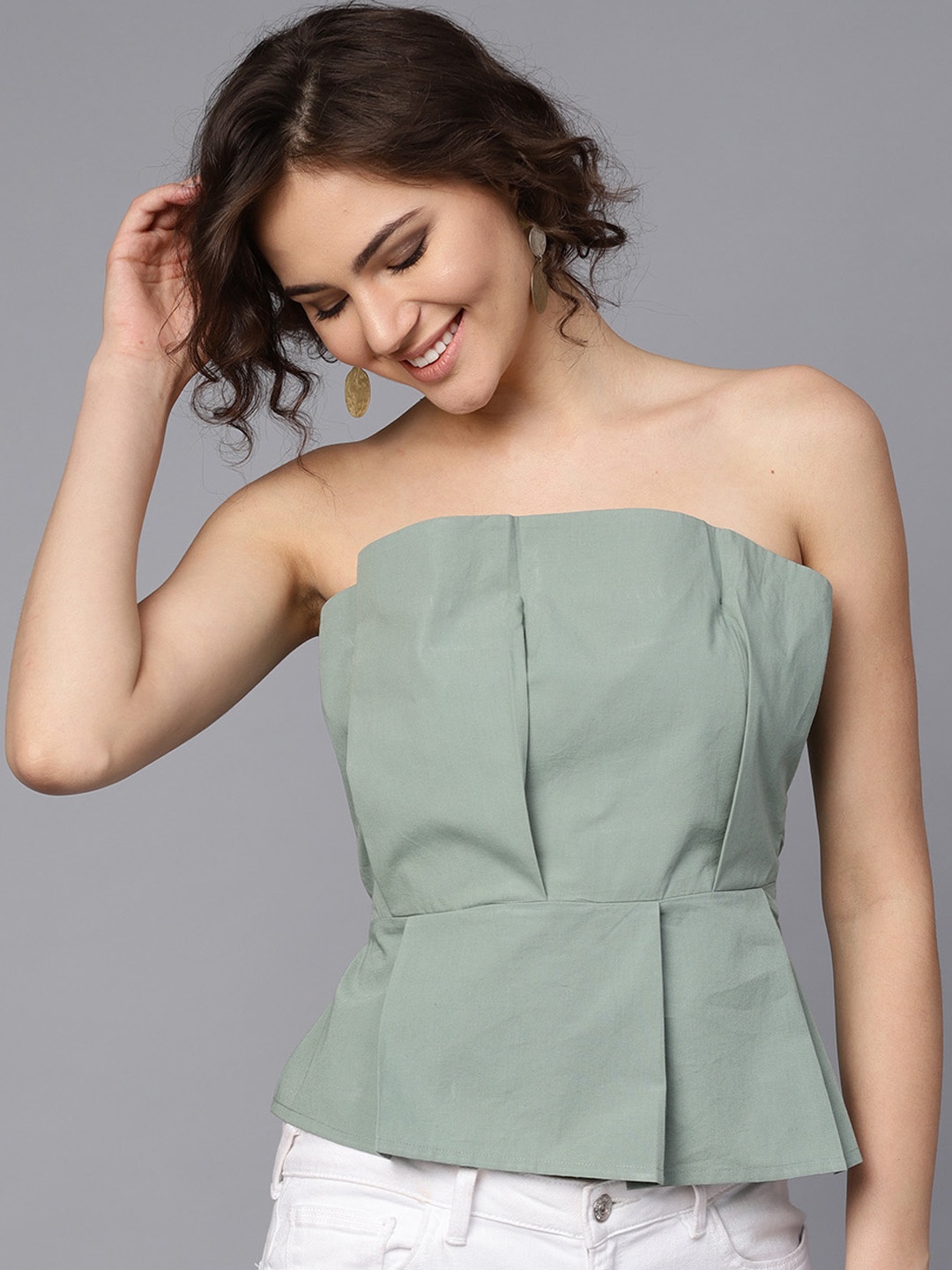 

STREET 9 Women Sea Green Solid Pure Cotton Top