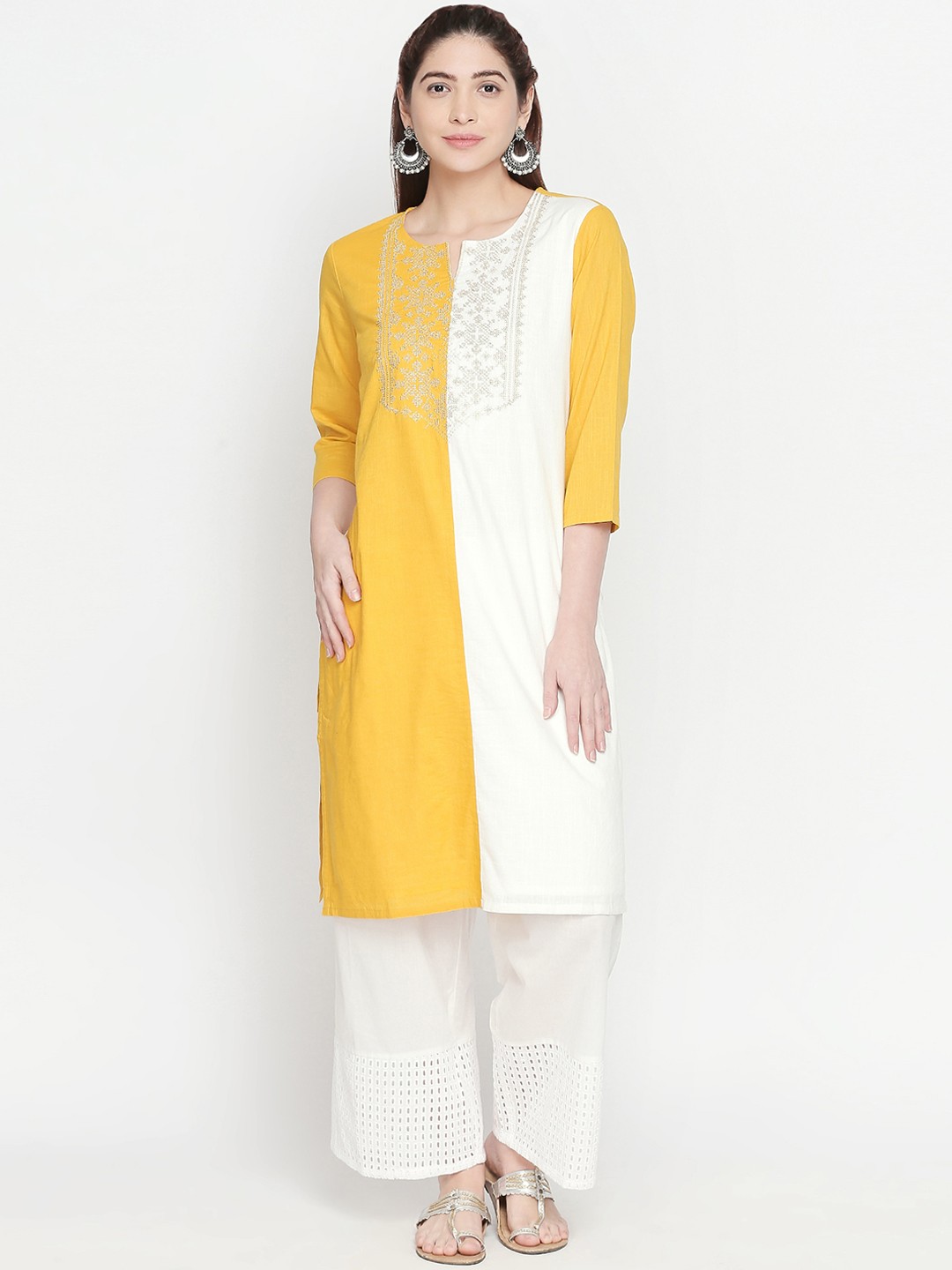 

RANGMANCH BY PANTALOONS Women Mustard Yellow & White Colourblocked Straight Kurta