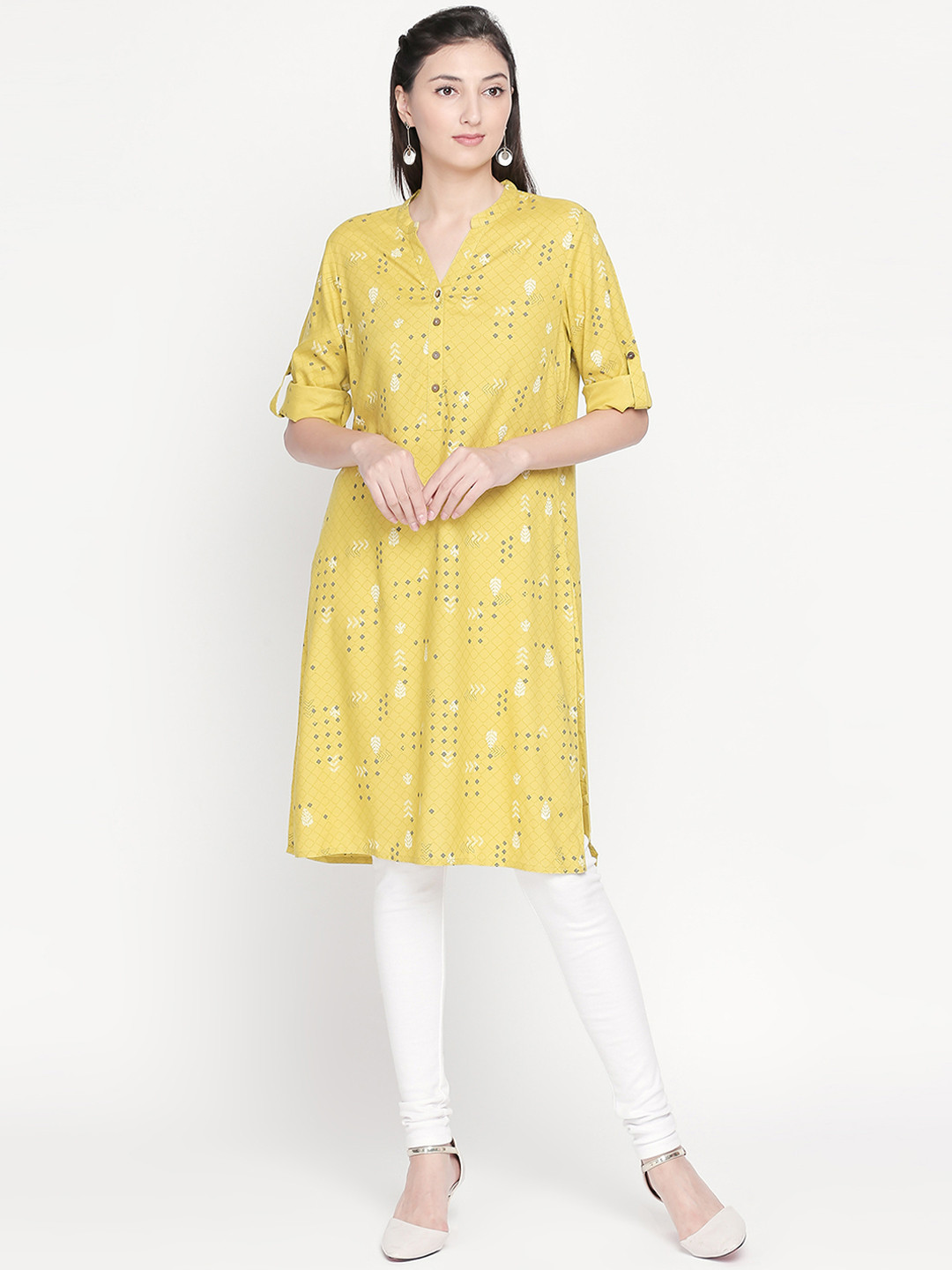 

RANGMANCH BY PANTALOONS Women Mustard & Grey Printed Straight Kurta