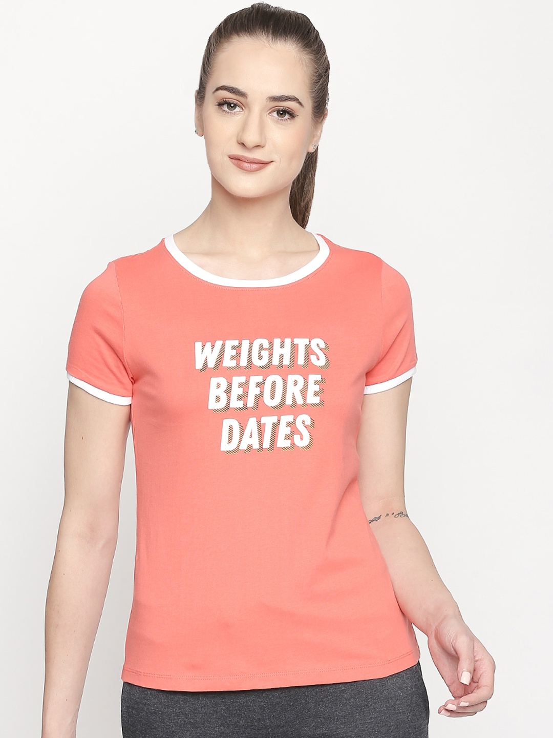 

Ajile by Pantaloons Women Coral Pink Printed Round Neck Pure Cotton T-shirt