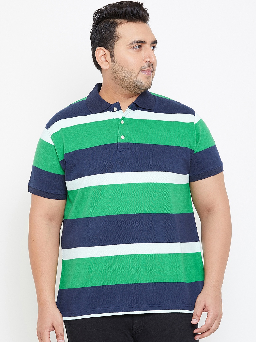 

bigbanana Plus Size Men Green Blue Striped Polo Collar Bio Finish Pure Cotton T-shirt