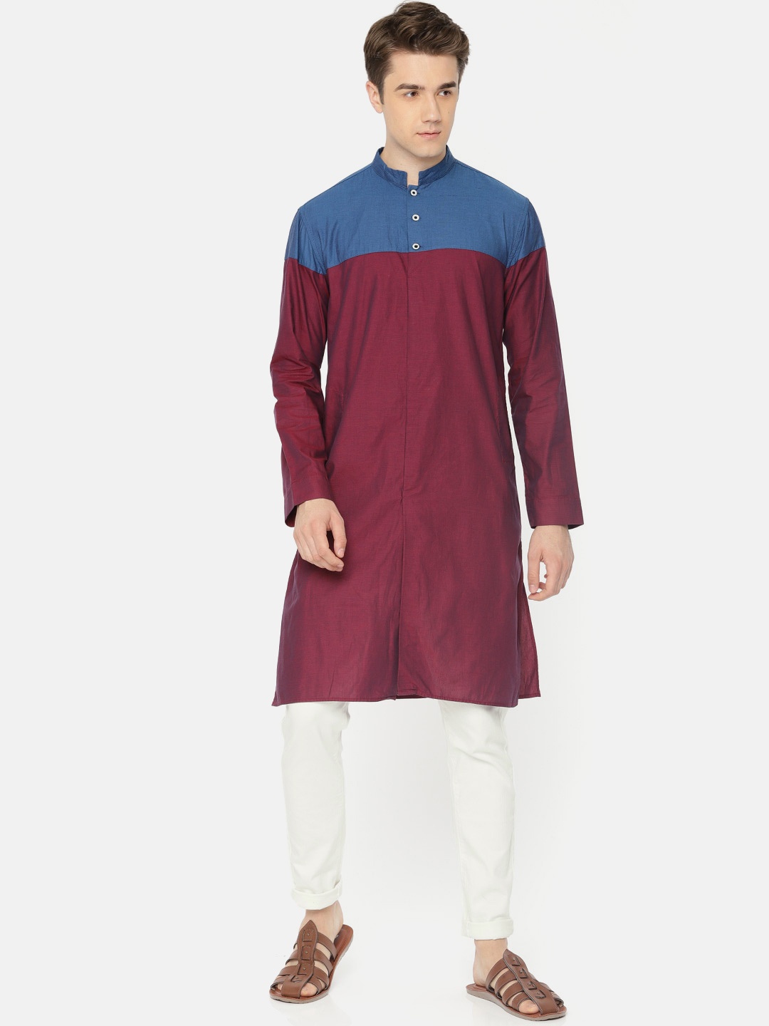 

Freehand Men Maroon & Blue Colourblocked Straight Kurta