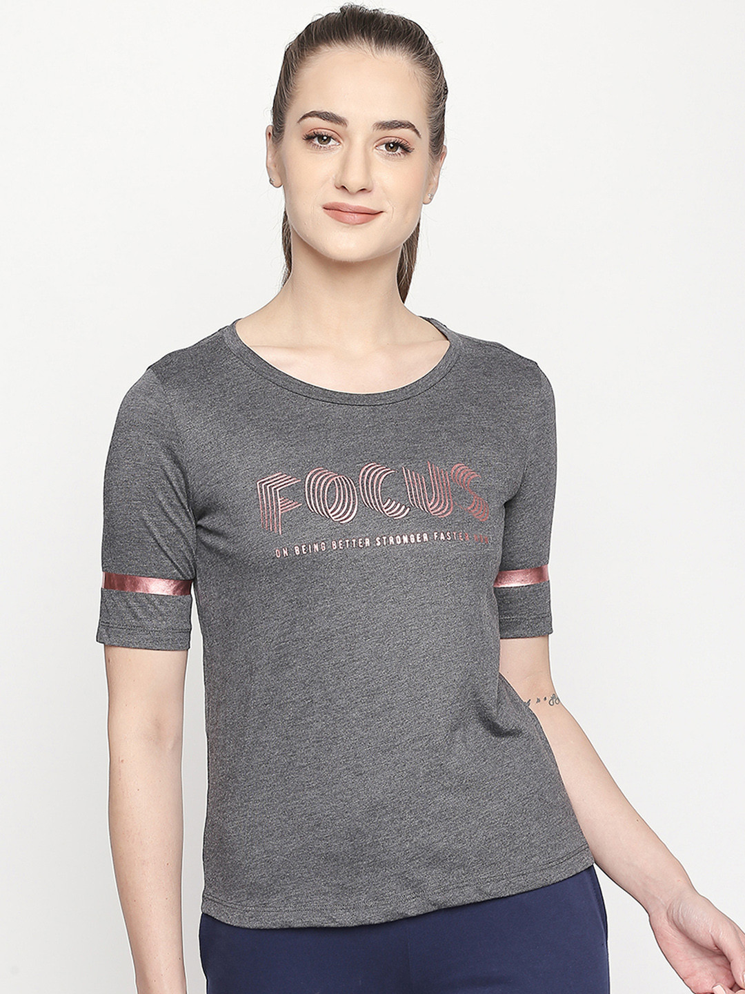 

Ajile by Pantaloons Women Charcoal Grey Printed Round Neck Pure Cotton T-shirt