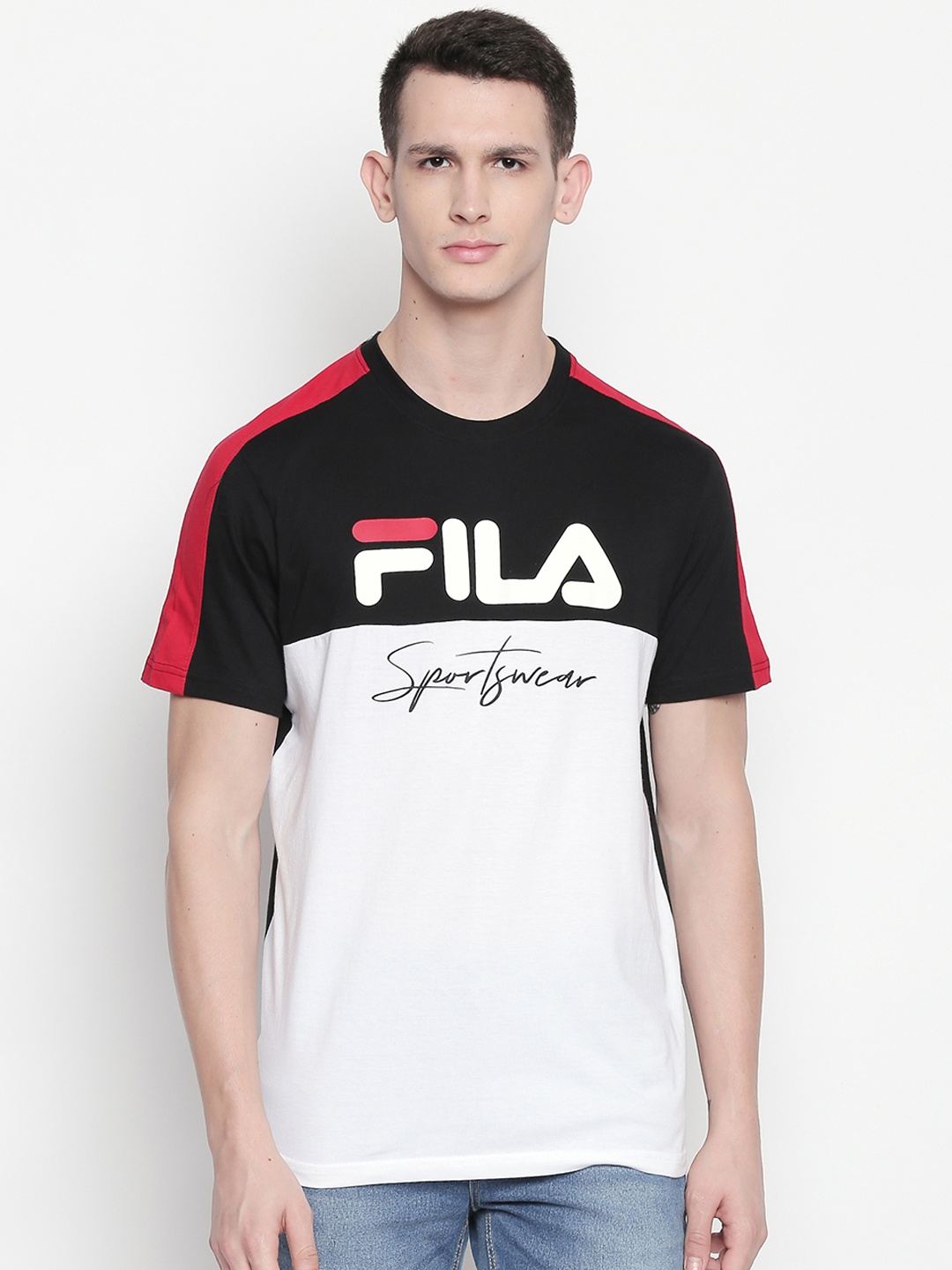 

FILA Men White Black Colourblocked Round Neck Pure Cotton T-shirt