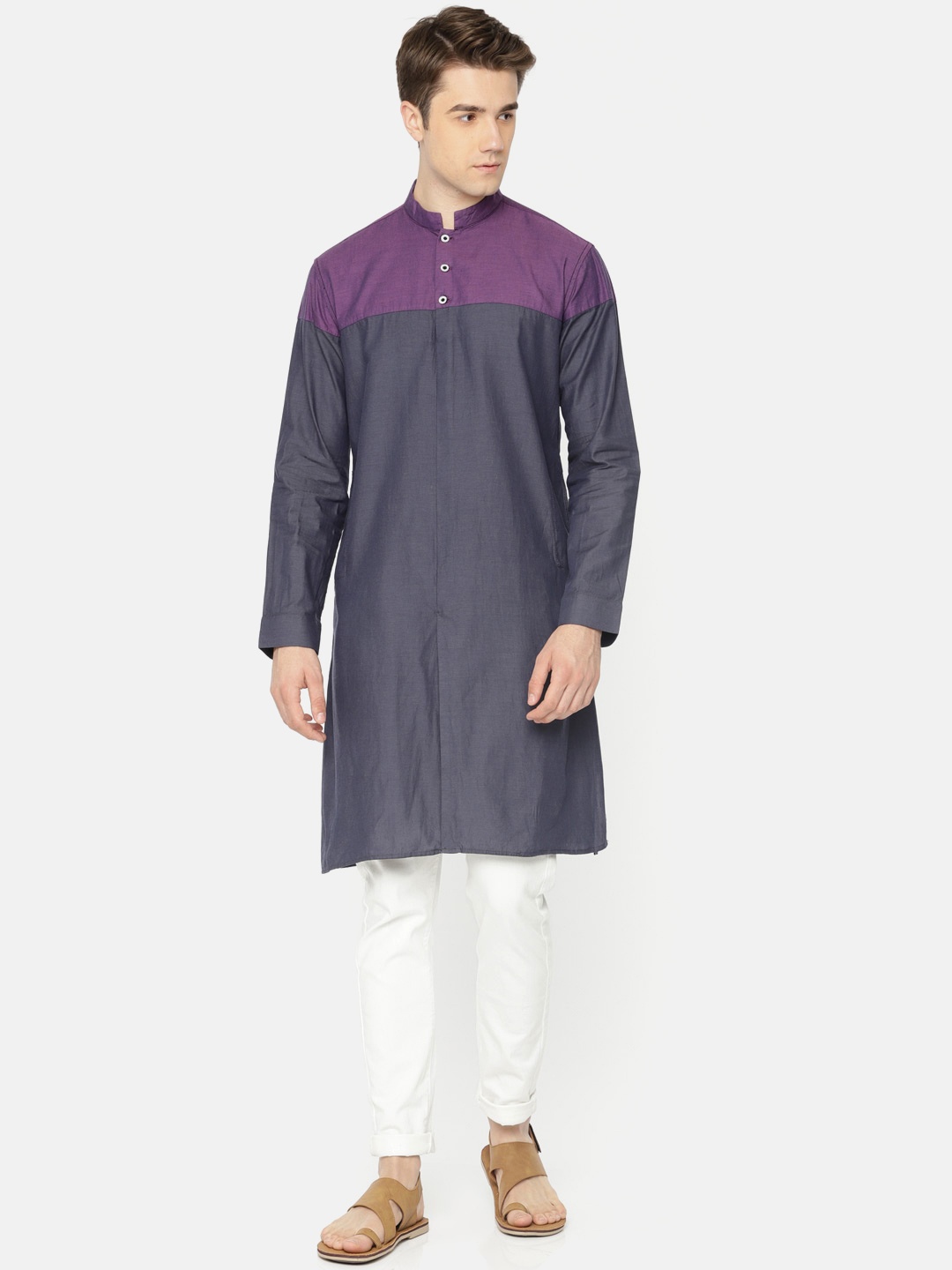

Freehand Men Grey & Purple Colourblocked Straight Kurta