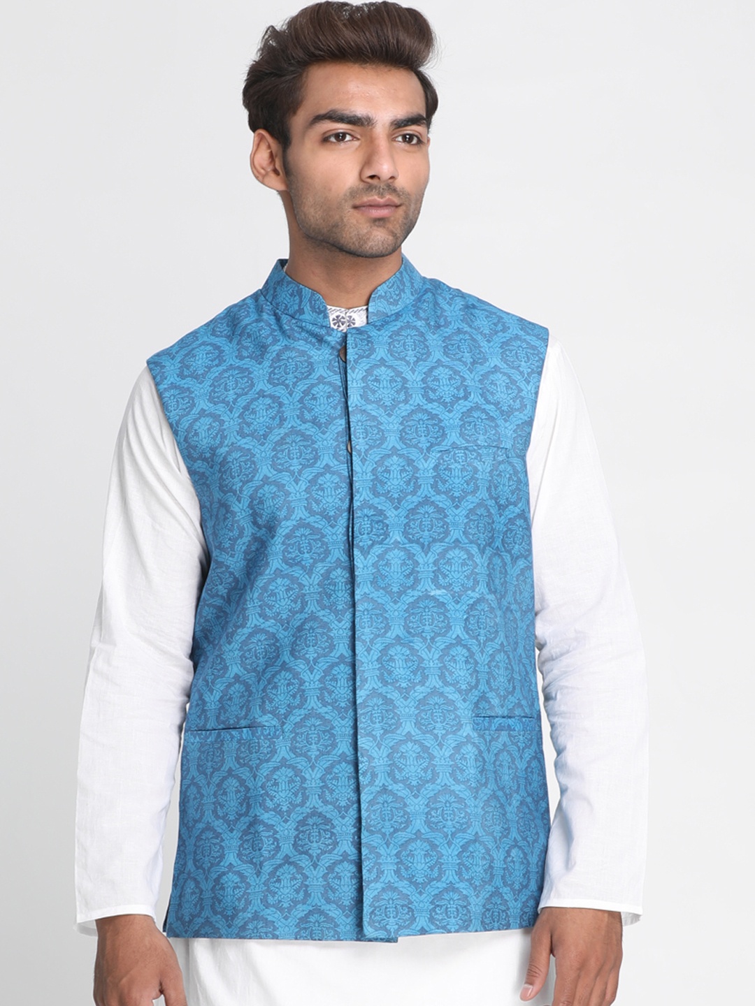 Nakshi Men Blue Printed Nehru Jacket