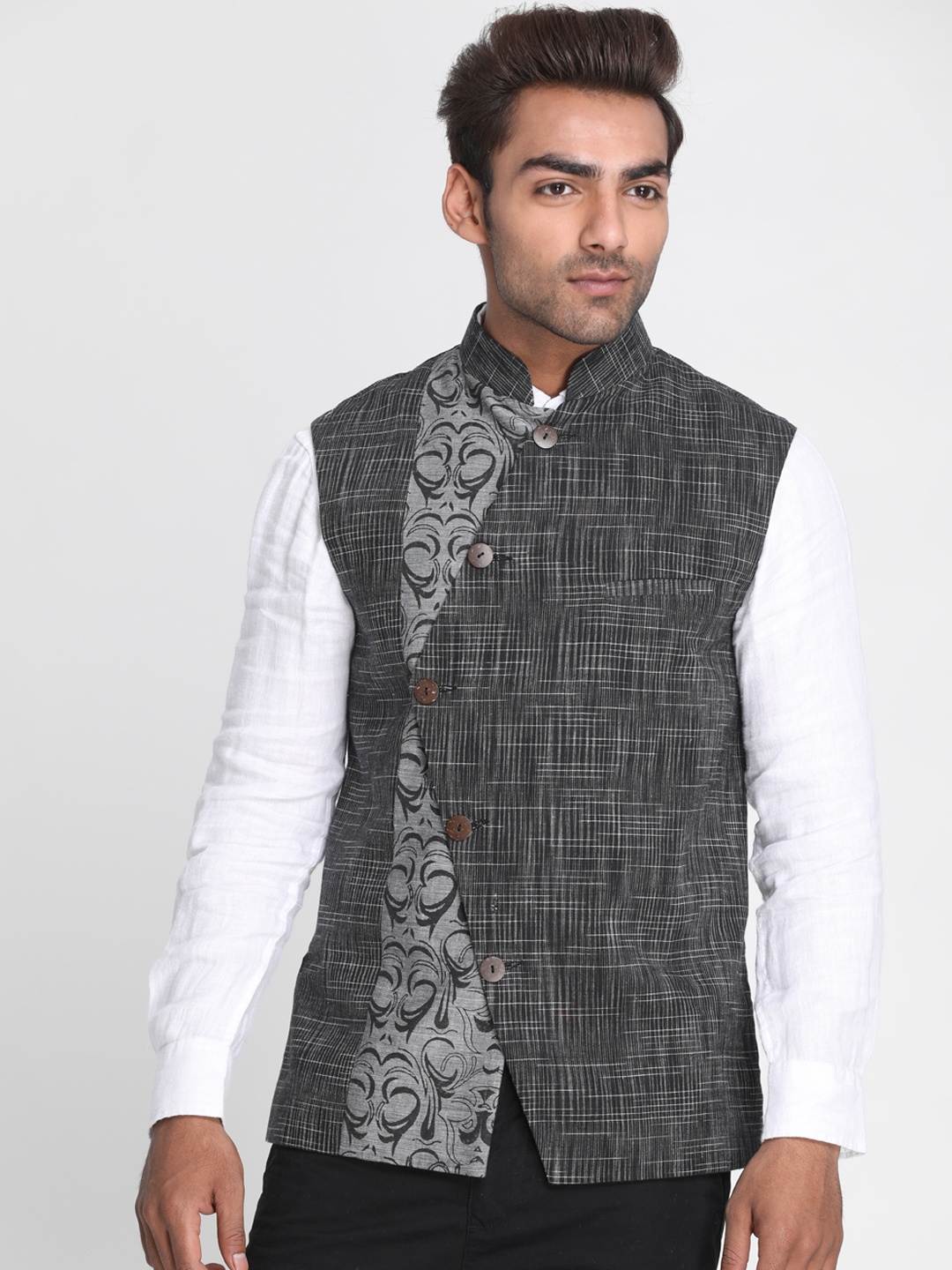 

Nakshi Men Black Woven Design Pure Cotton Nehru Jacket