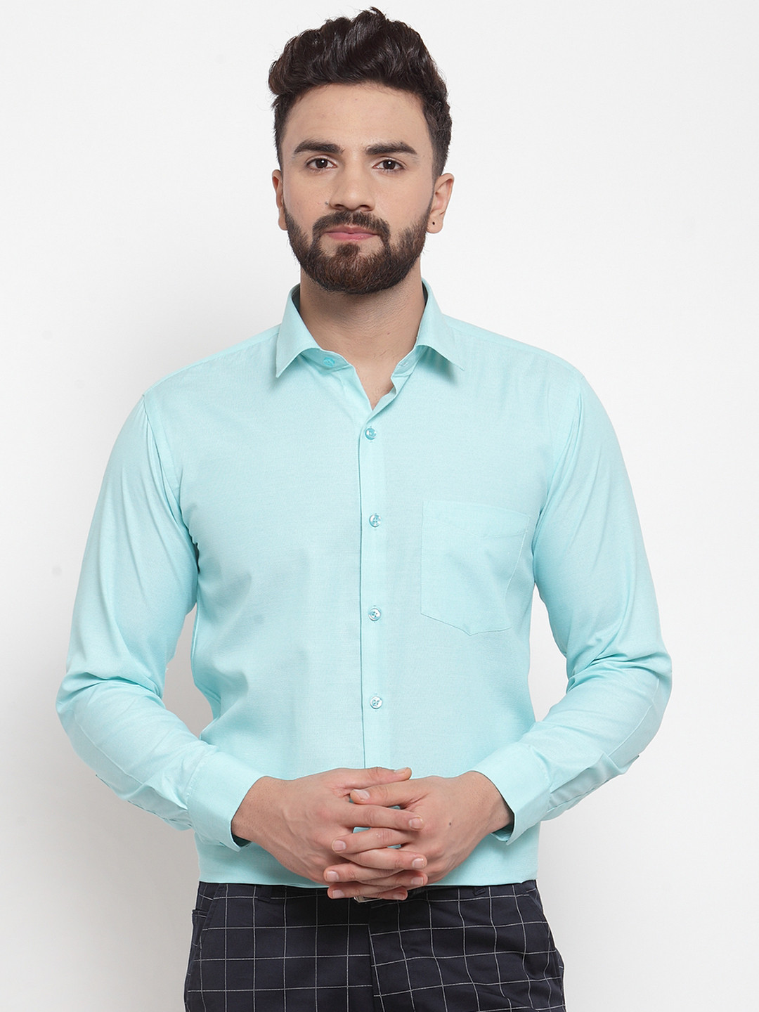 

English Navy Men Turquoise Blue Sport Slim Fit Solid Chambray Formal Shirt