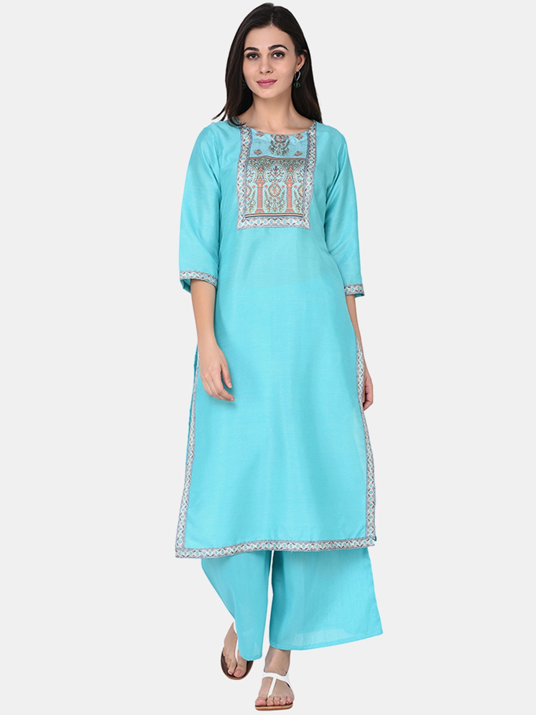 

ZIYAA Women Turquoise Blue Floral Yoke Design Straight Kurta