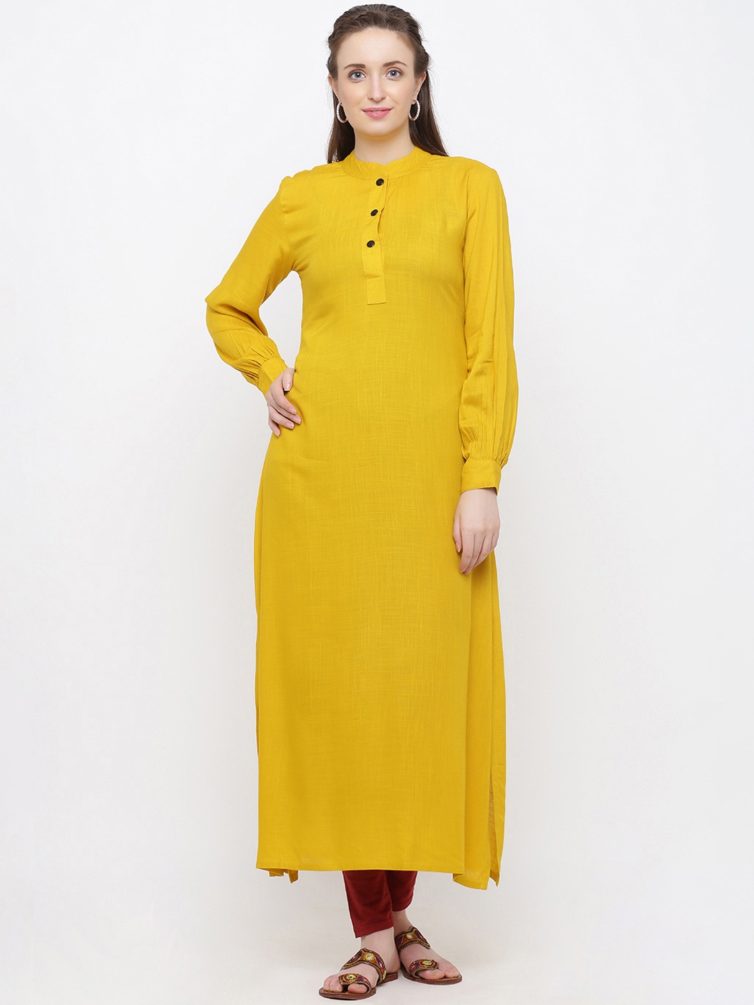 

Indian Virasat Women Mustard Yellow Solid Straight Kurta