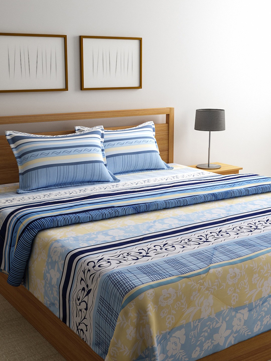 

ROMEE Blue and Yellow Floral Printed AC Room Bedding Set