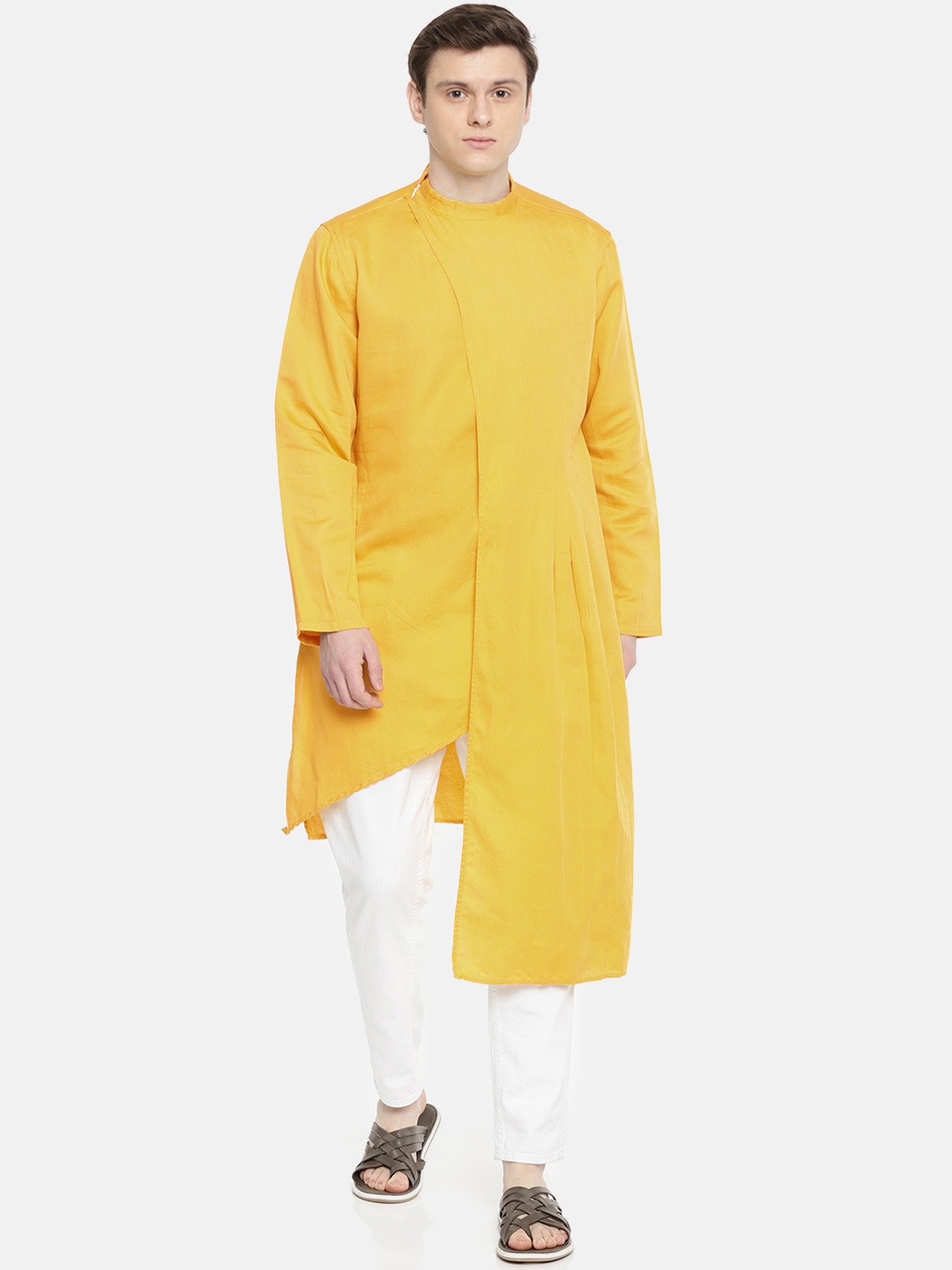 

Freehand by The Indian Garage Co Men Yellow Solid Asymmetric Straight Kurta