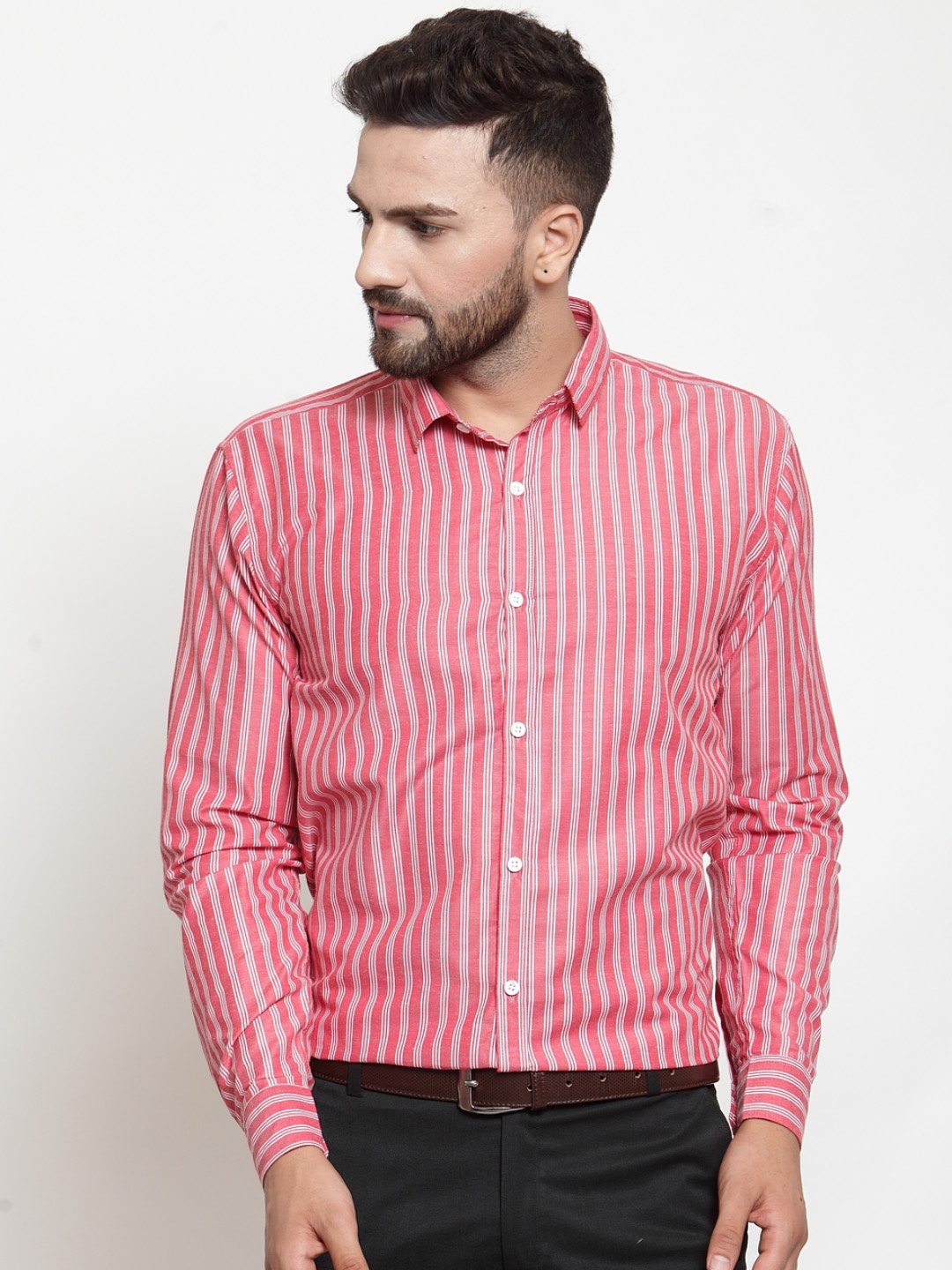 

JAINISH Premium Men Red & White Slim Fit Striped Formal Shirt