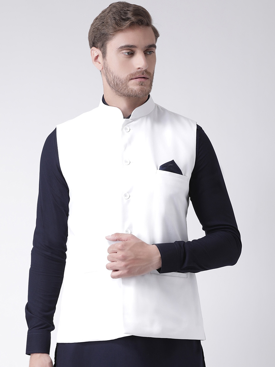 

DEYANN Men White Solid Nehru Jacket
