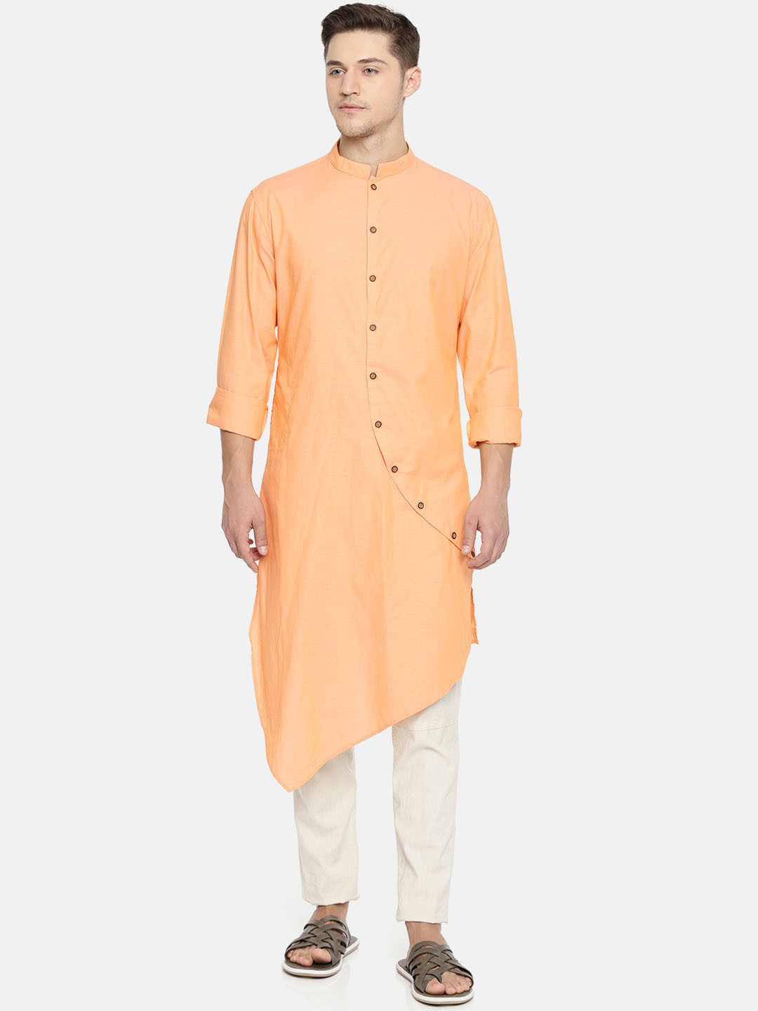 

Freehand by The Indian Garage Co Men Mustard Orange Solid Straight Kurta