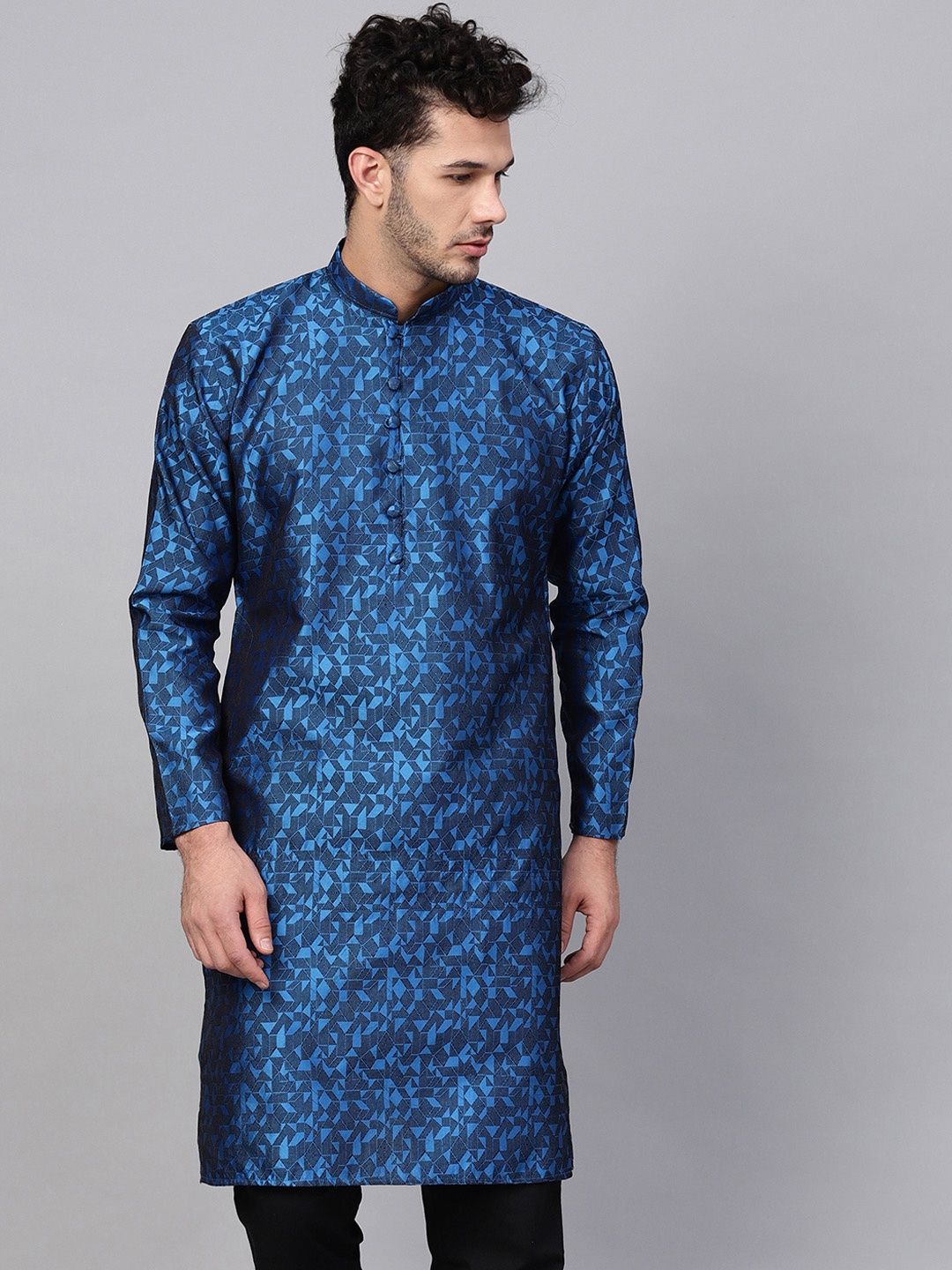 

SOJANYA Men Blue & Black Woven Design Straight Kurta
