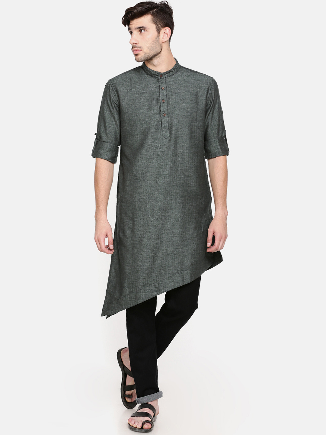 

Freehand Men Green Solid Straight Kurta