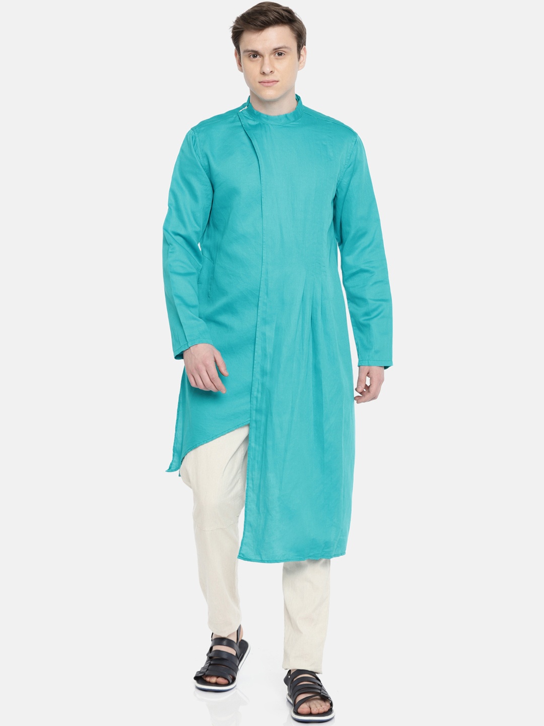 

Freehand by The Indian Garage Co Men Turquoise Blue Solid Straight Kurta