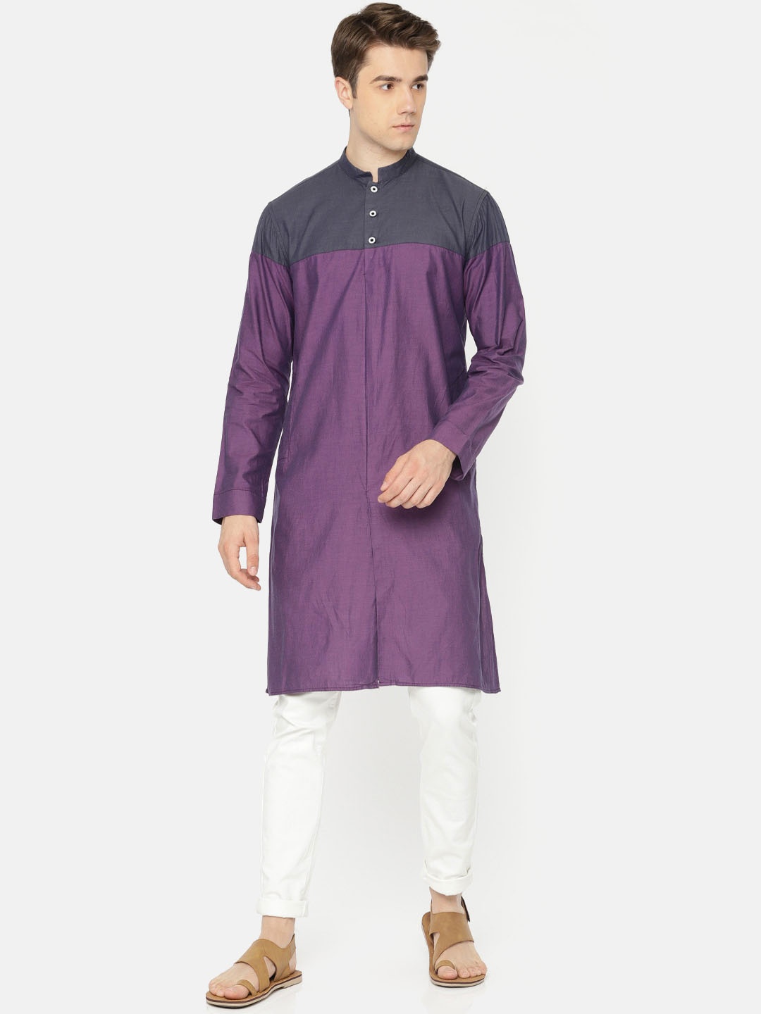 

Freehand by The Indian Garage Co Men Purple Blue Colourblocked Straight Kurta