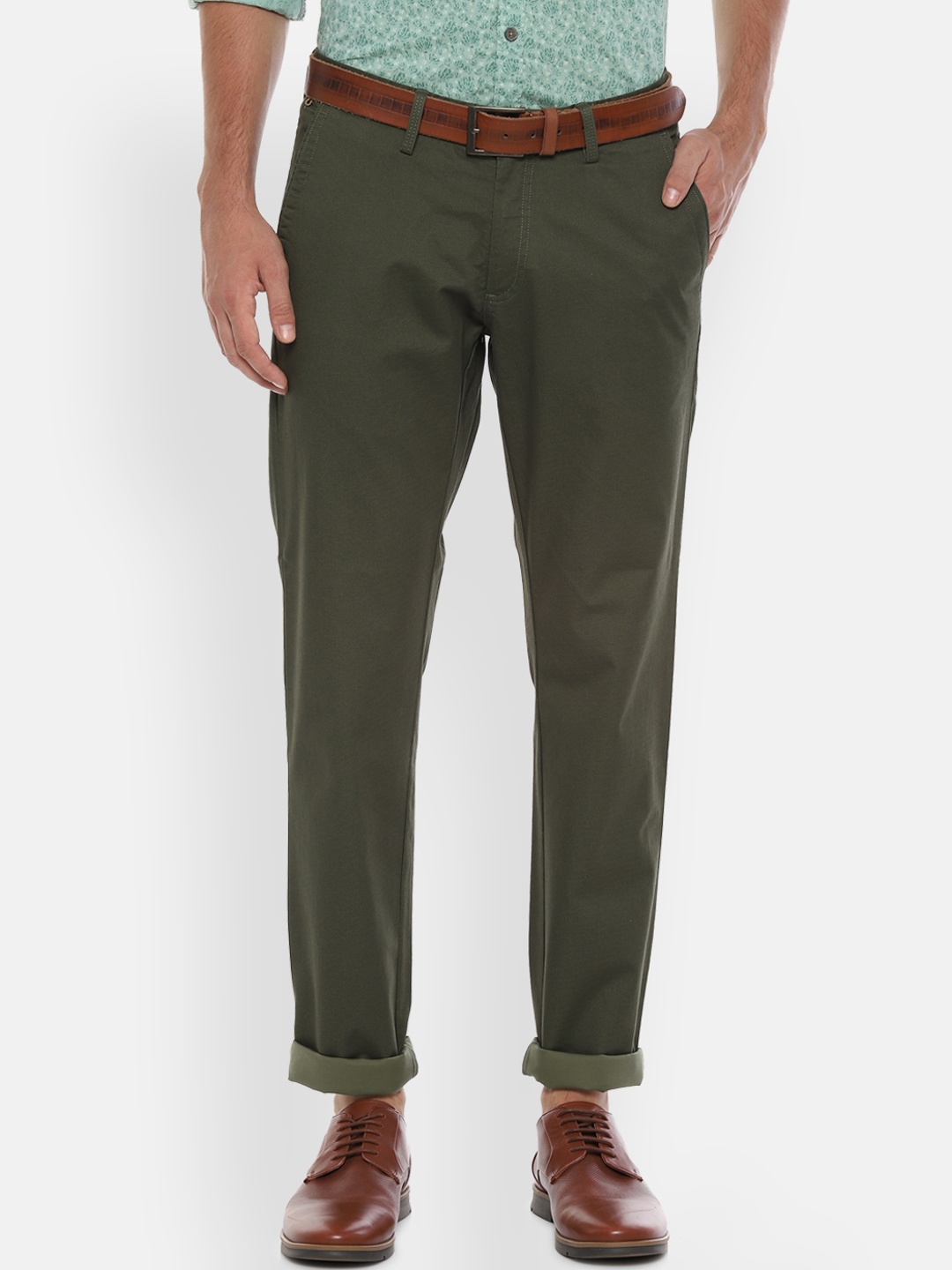 Allen Solly Men Olive Green Slim Fit Self Design Regular Trousers