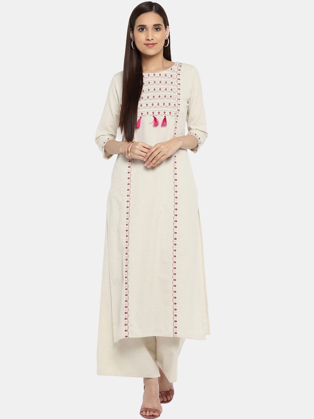 

ZIYAA Women White & Pink Yoke Design Foil Print Straight Kurta