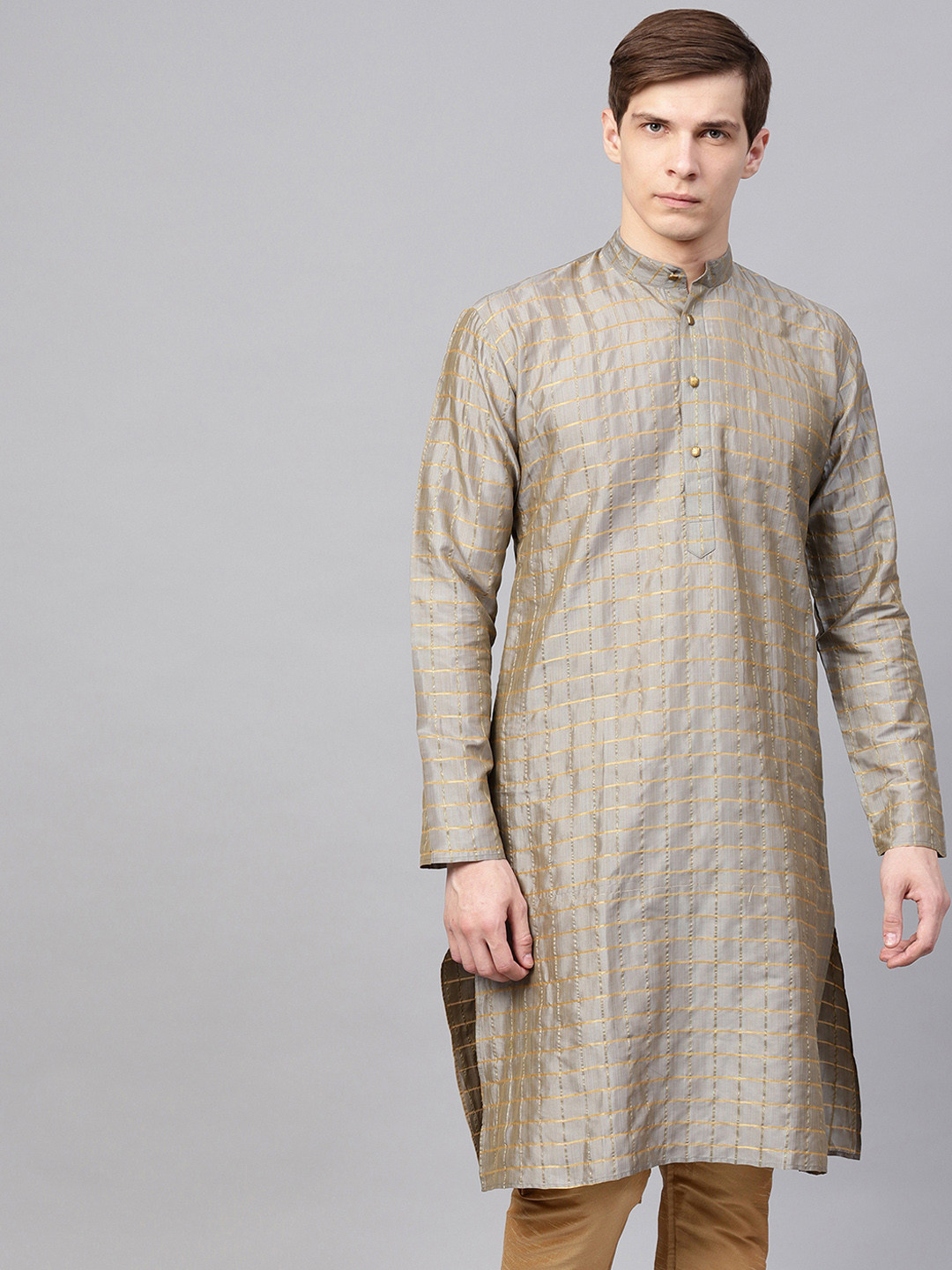 

SOJANYA Men Grey Checked Straight Kurta, Beige