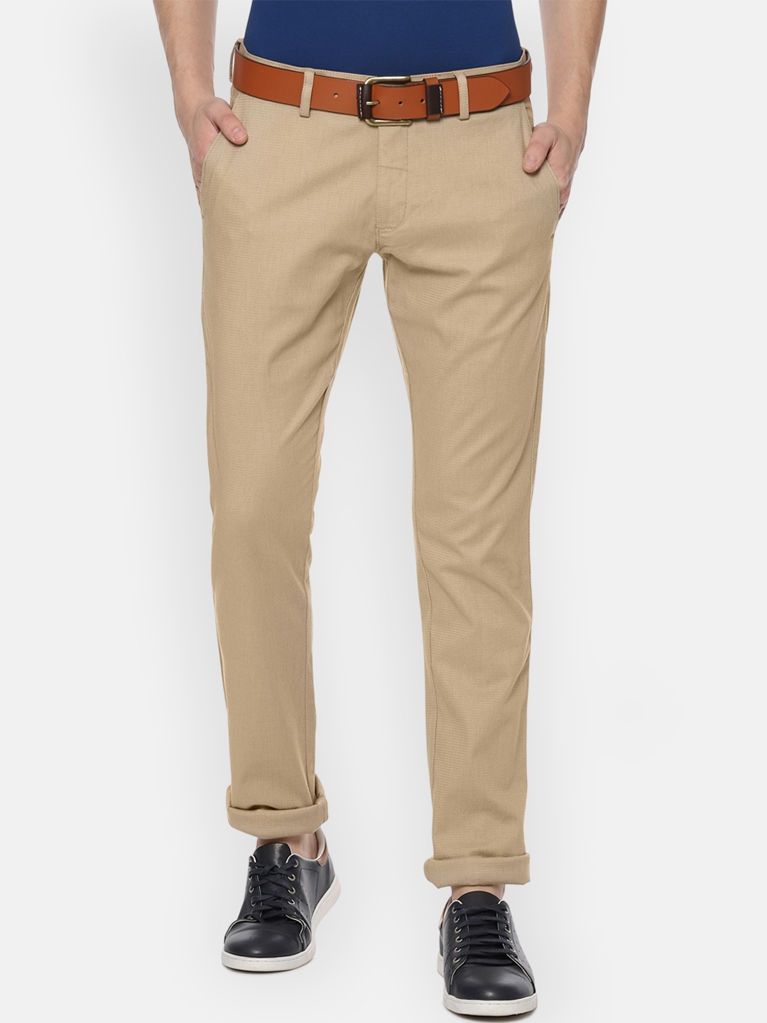 Allen Solly Men Beige Slim Fit Self Design Regular Trousers