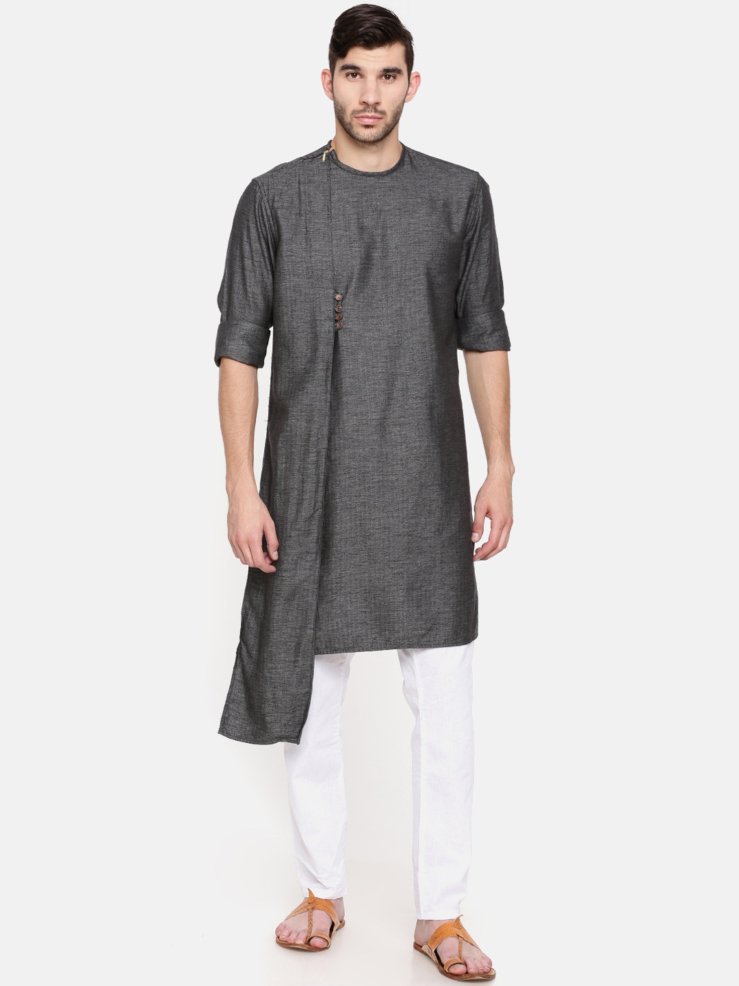 

Freehand Men Black Solid Straight Layered Kurta