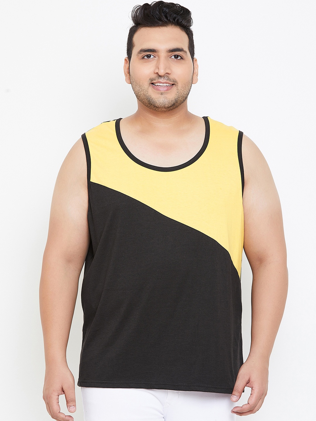 

bigbanana Plus Size Men Black Yellow Colourblocked Innerwear Vest Wood