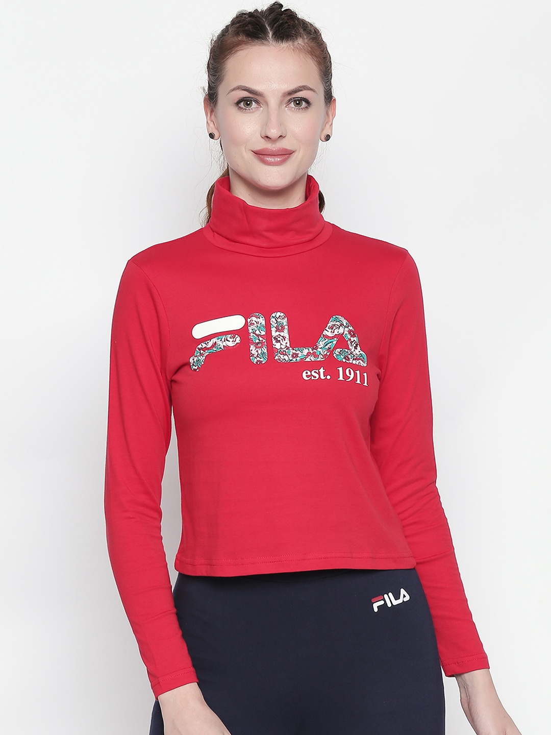 FILA Women Red Printed TRINITY Pure Cotton Top