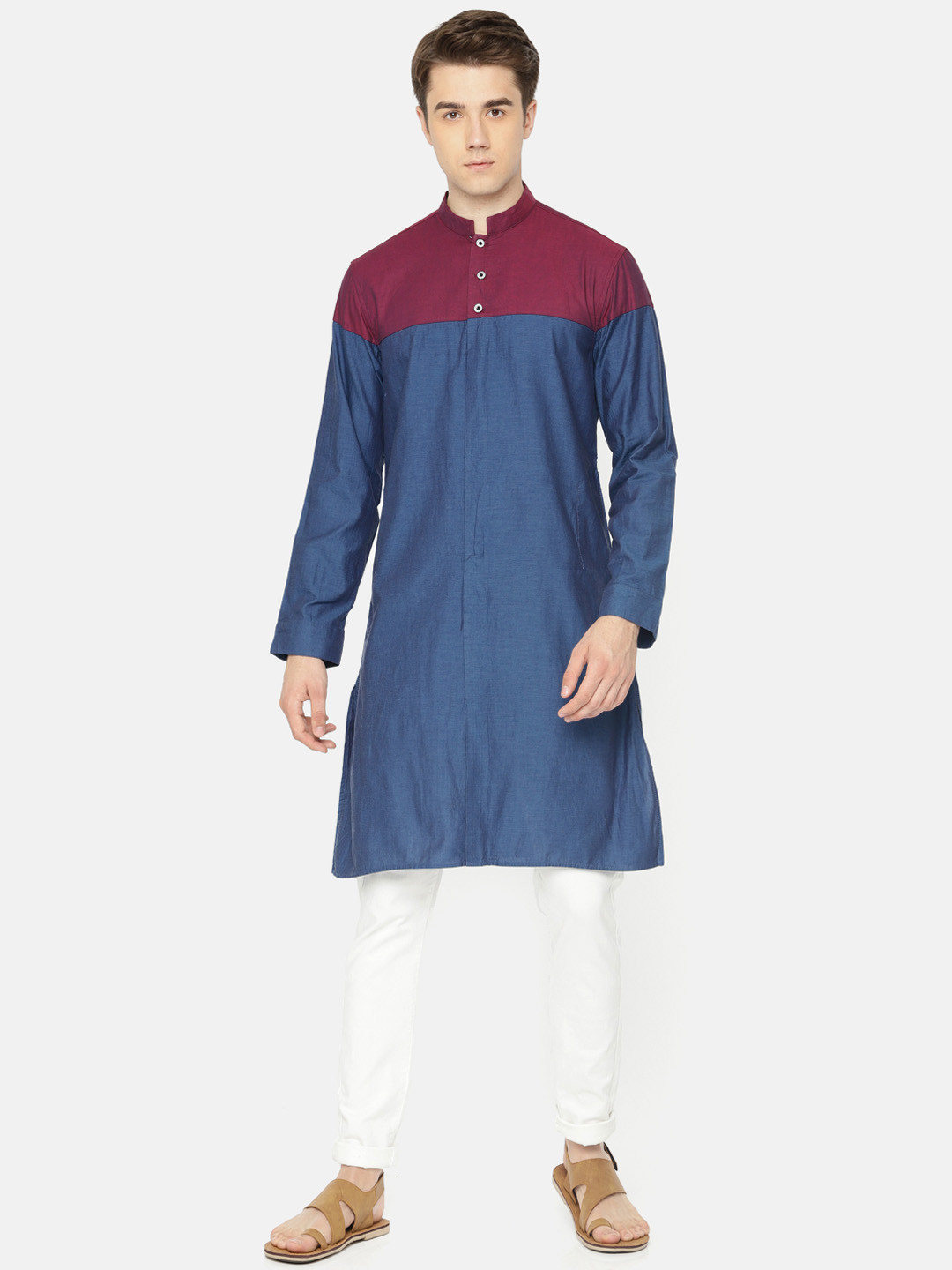 

Freehand Men Blue & Maroon Colourblocked Straight Kurta