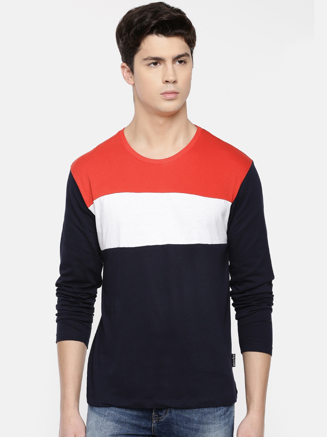 Braveo Men Red Black Colourblocked Round Neck Slim Fit Pure Cotton T-shirt