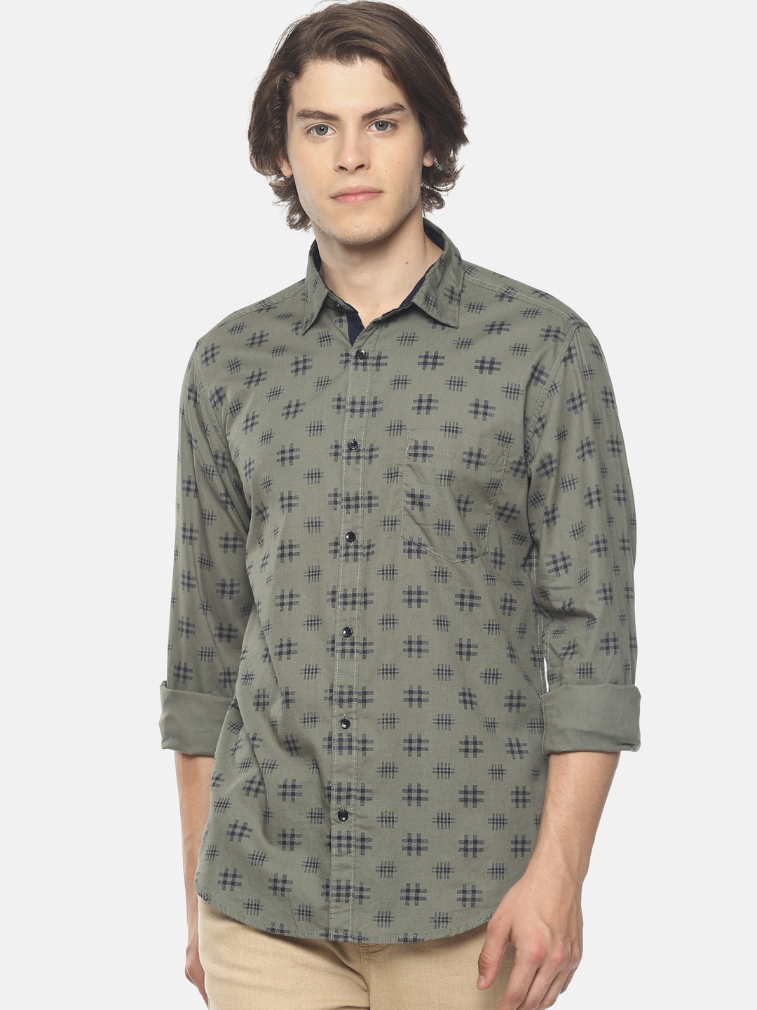 

IVOC Men Olive Green & Navy Blue Slim Fit Printed Casual Shirt