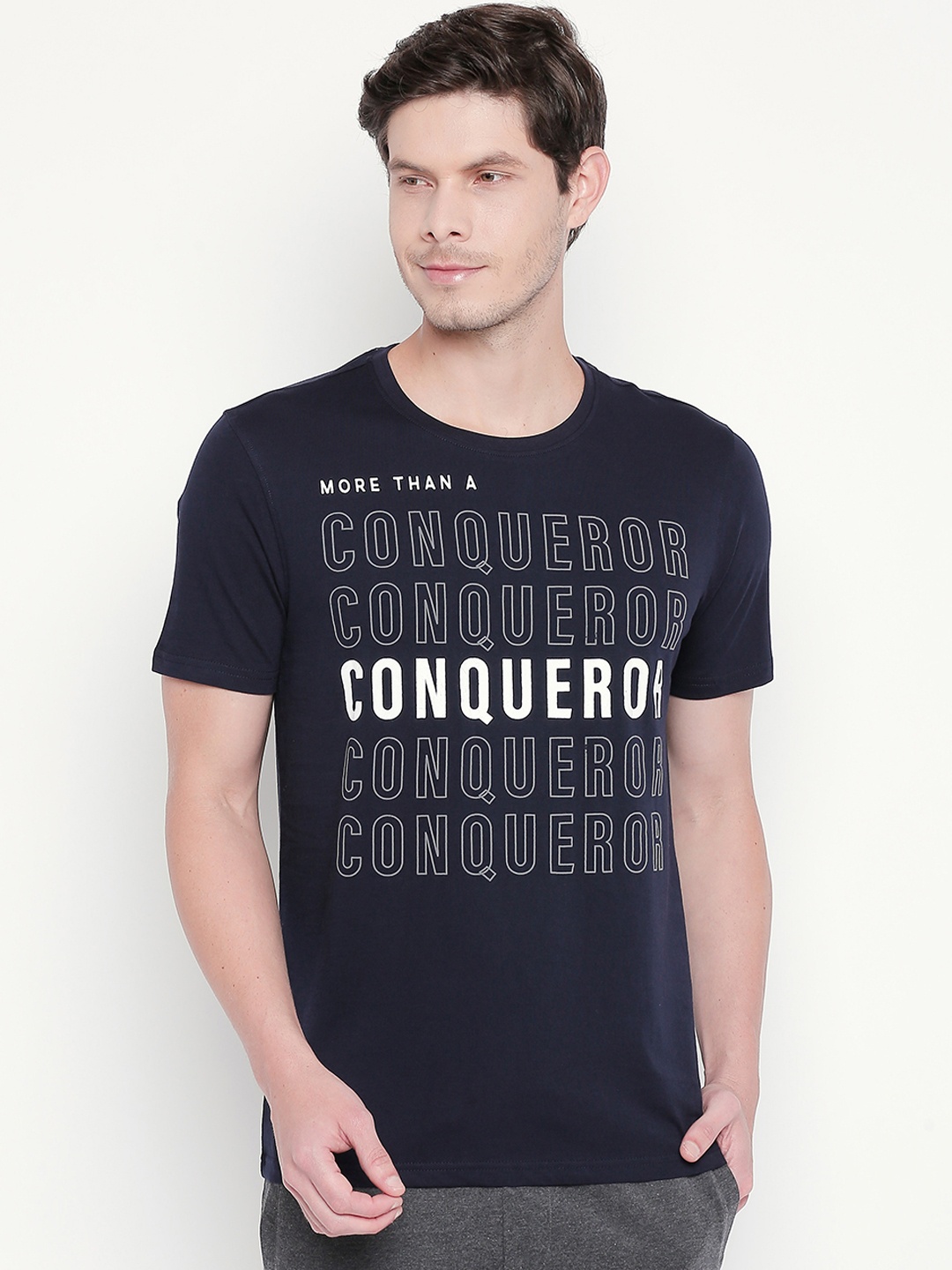 

Ajile by Pantaloons Men Navy Blue Printed Round Neck Pure Cotton T-shirt