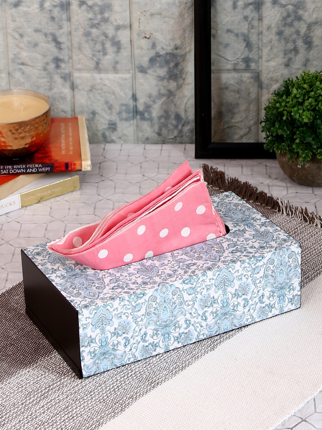 

Reinvention Factory Grey & Blue Printed Wooden Tissue Holder