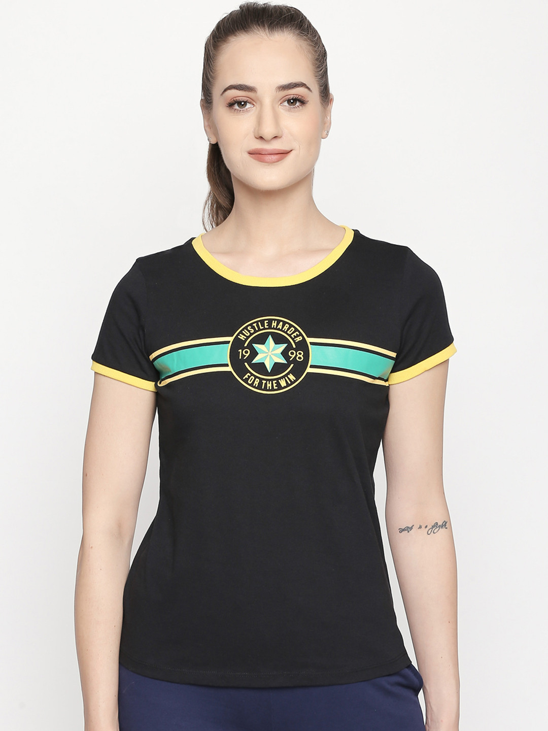 

Ajile by Pantaloons Women Black Printed Round Neck Pure Cotton T-shirt