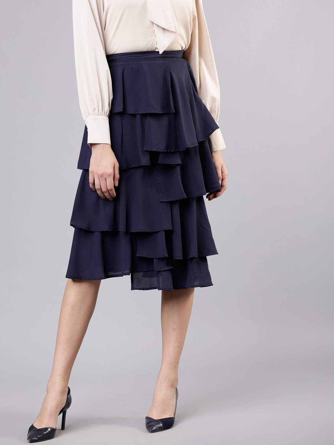 

Tokyo Talkies Women Navy Blue Solid A-Line Layered Skirt