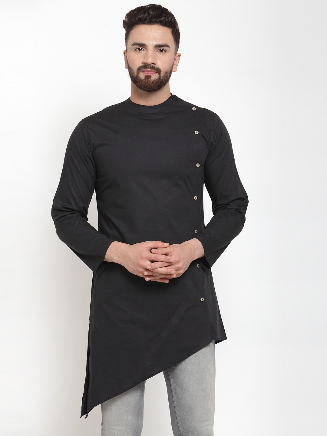 Purple State Men Black Solid Asymmetric Straight Kurta