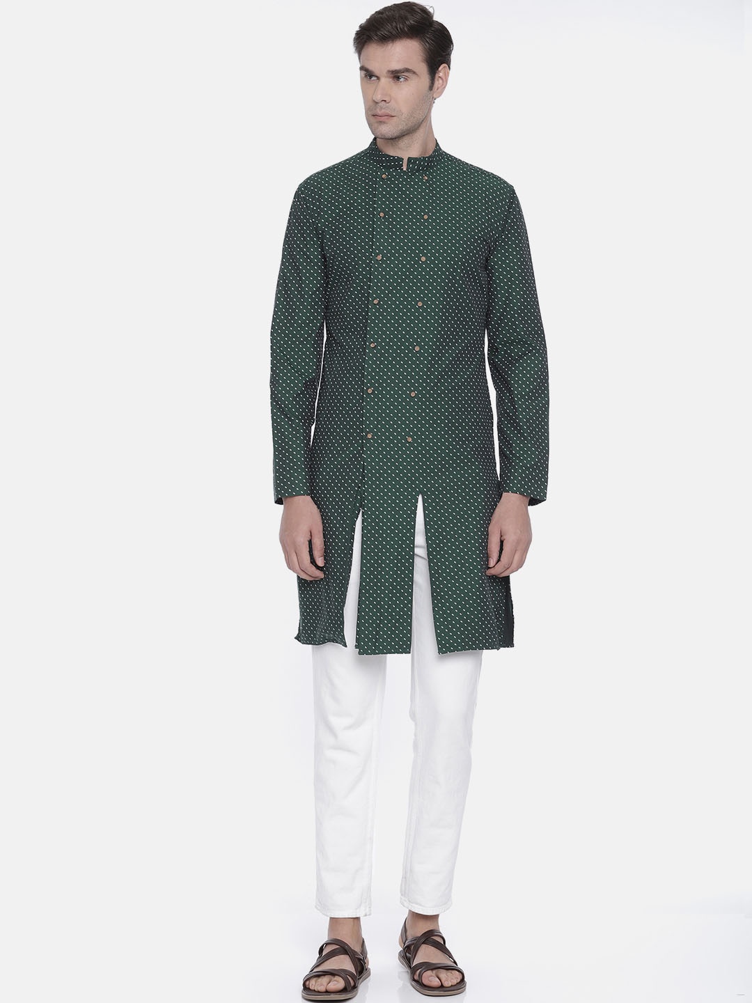 

Freehand Men Green & White Printed Straight Kurta