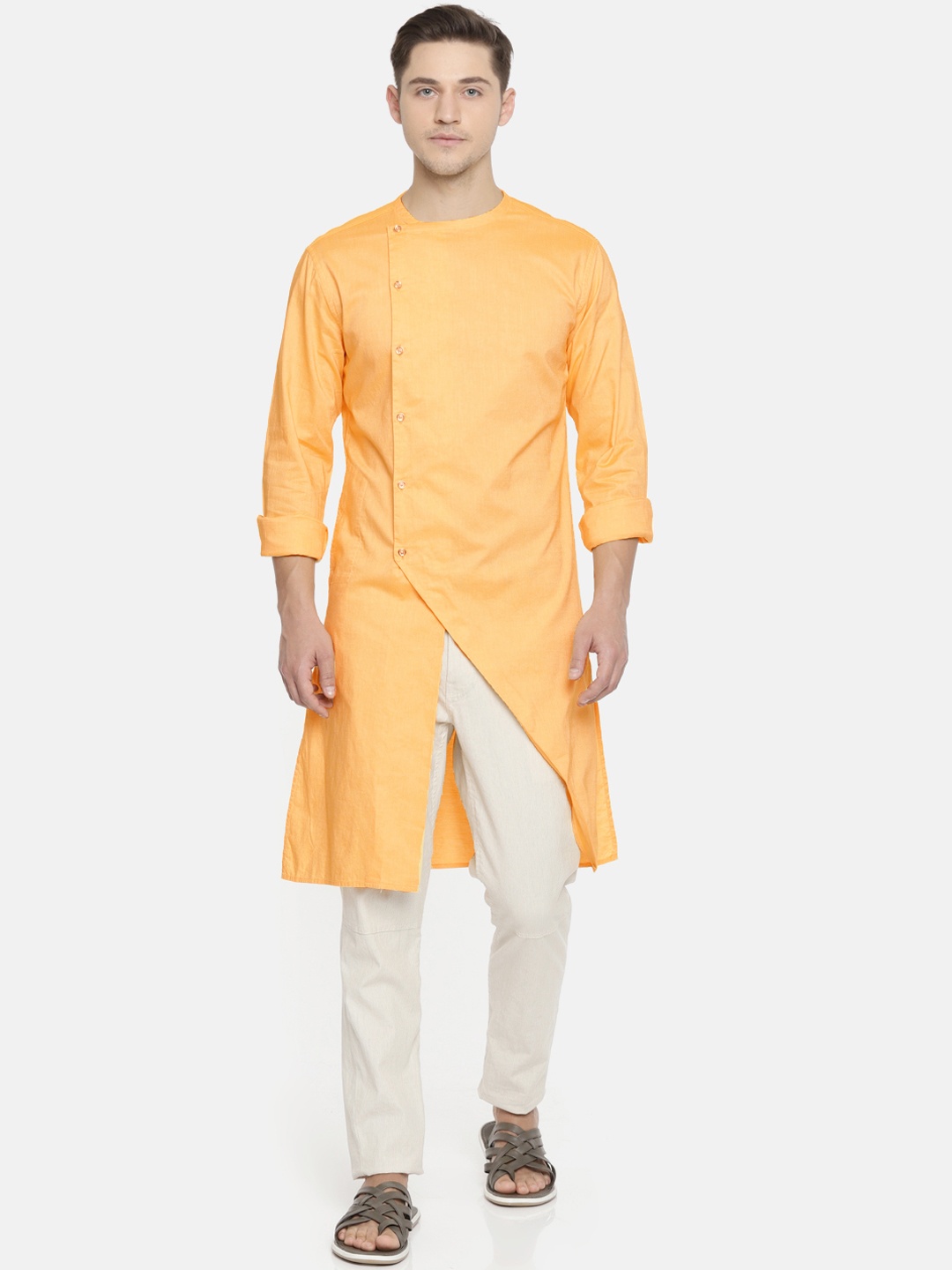 

Freehand by The Indian Garage Co Men Yellow Solid Asymmetric Straight Kurta