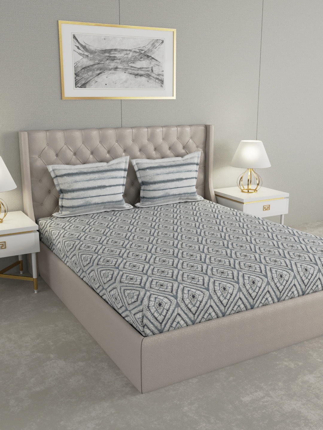 

GM Grey Geometric 210 TC Cotton 1 Double King Bedsheet with 2 Pillow Covers