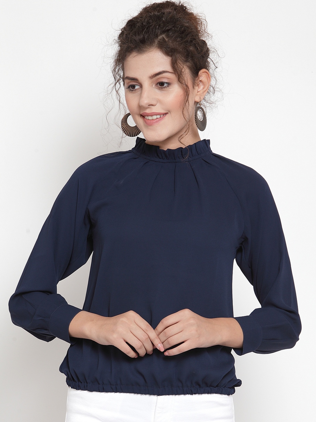 

DUDITI Women Navy Blue Solid Blouson Top