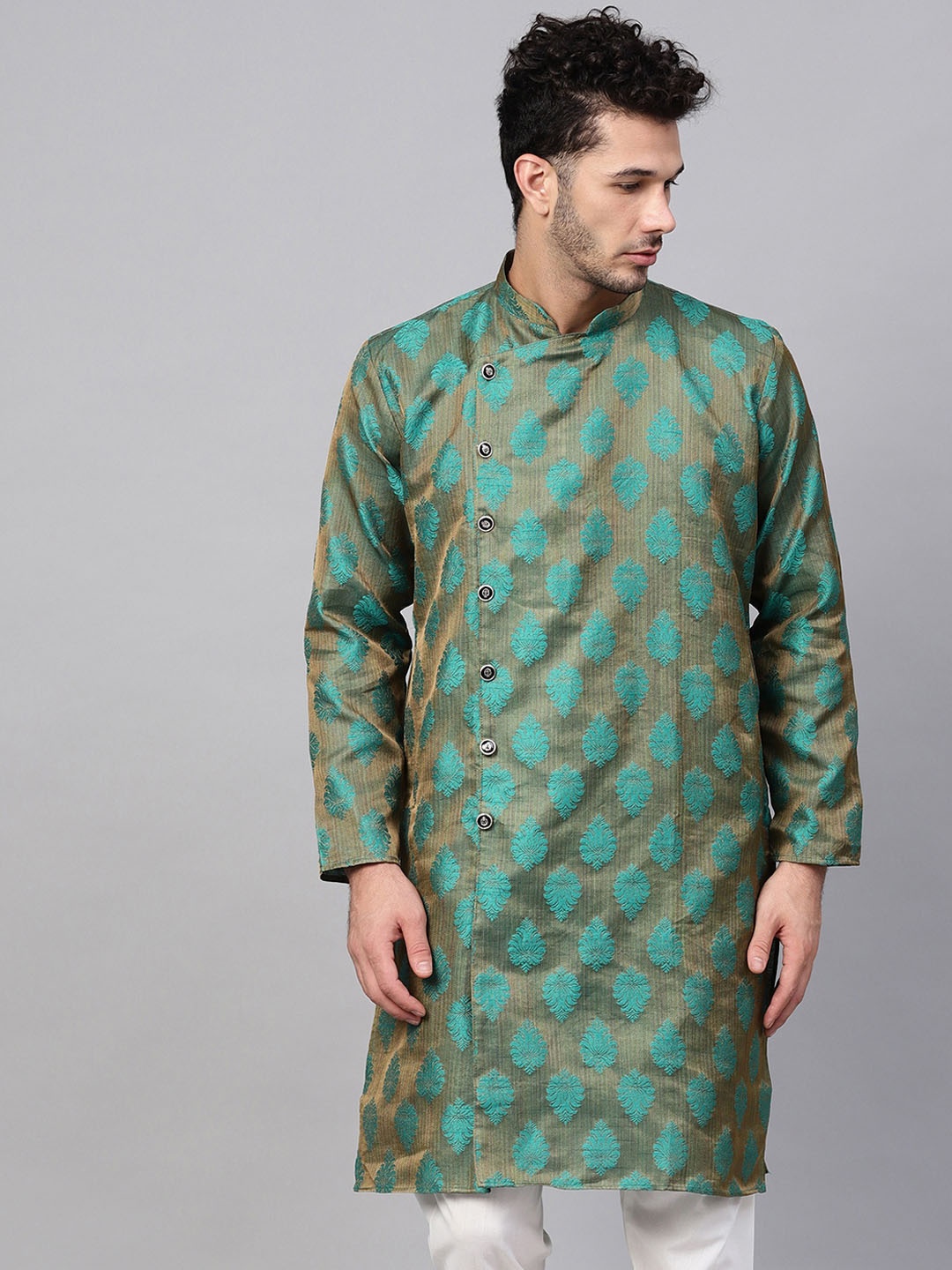 

SOJANYA Men Bronze-Toned & Green Woven Design Jacquard Silk Straight Kurta