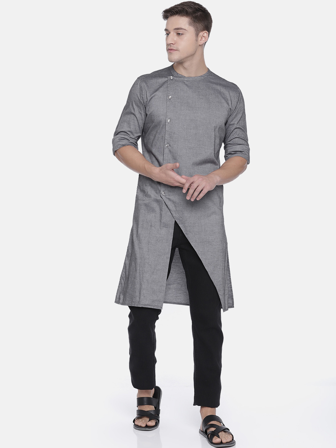 

Freehand Men Grey Solid Asymmetric Kurta