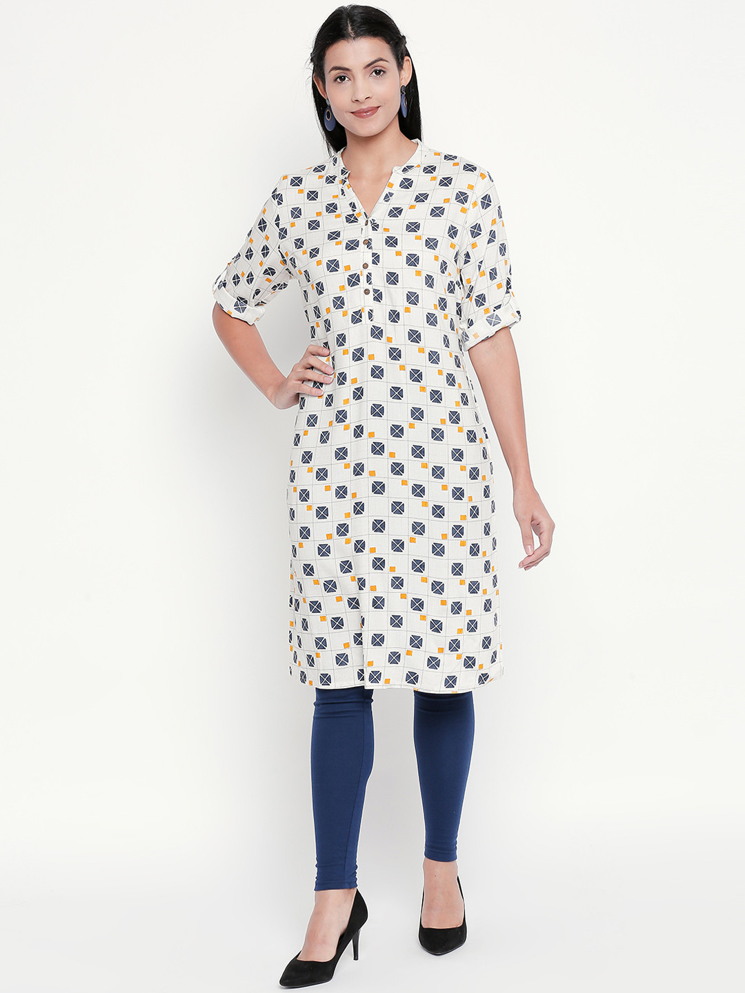 

RANGMANCH BY PANTALOONS Women Off-White & Blue Checked Straight Kurta