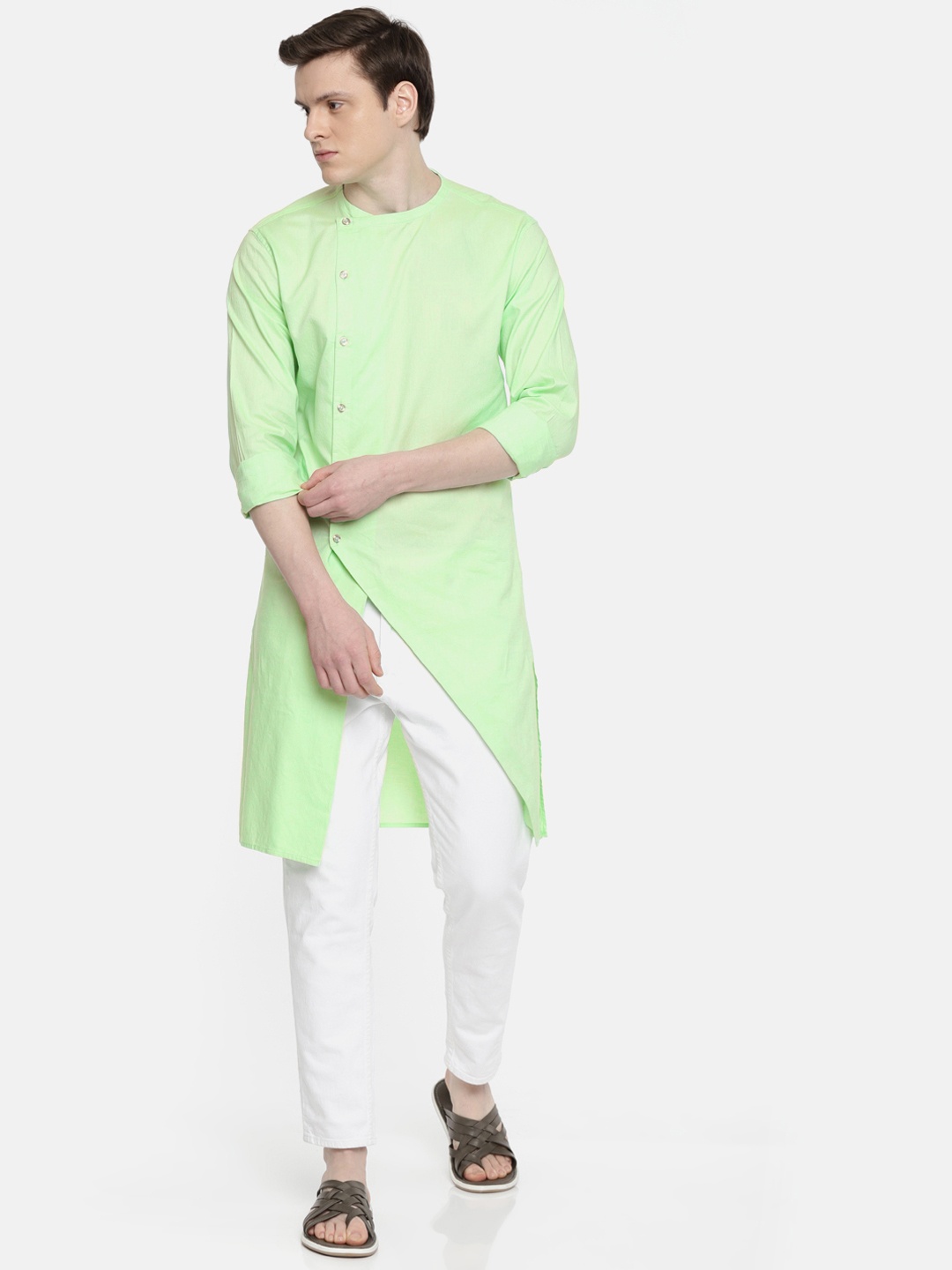 

Freehand by The Indian Garage Co Men Lime Green Solid Straight Kurta